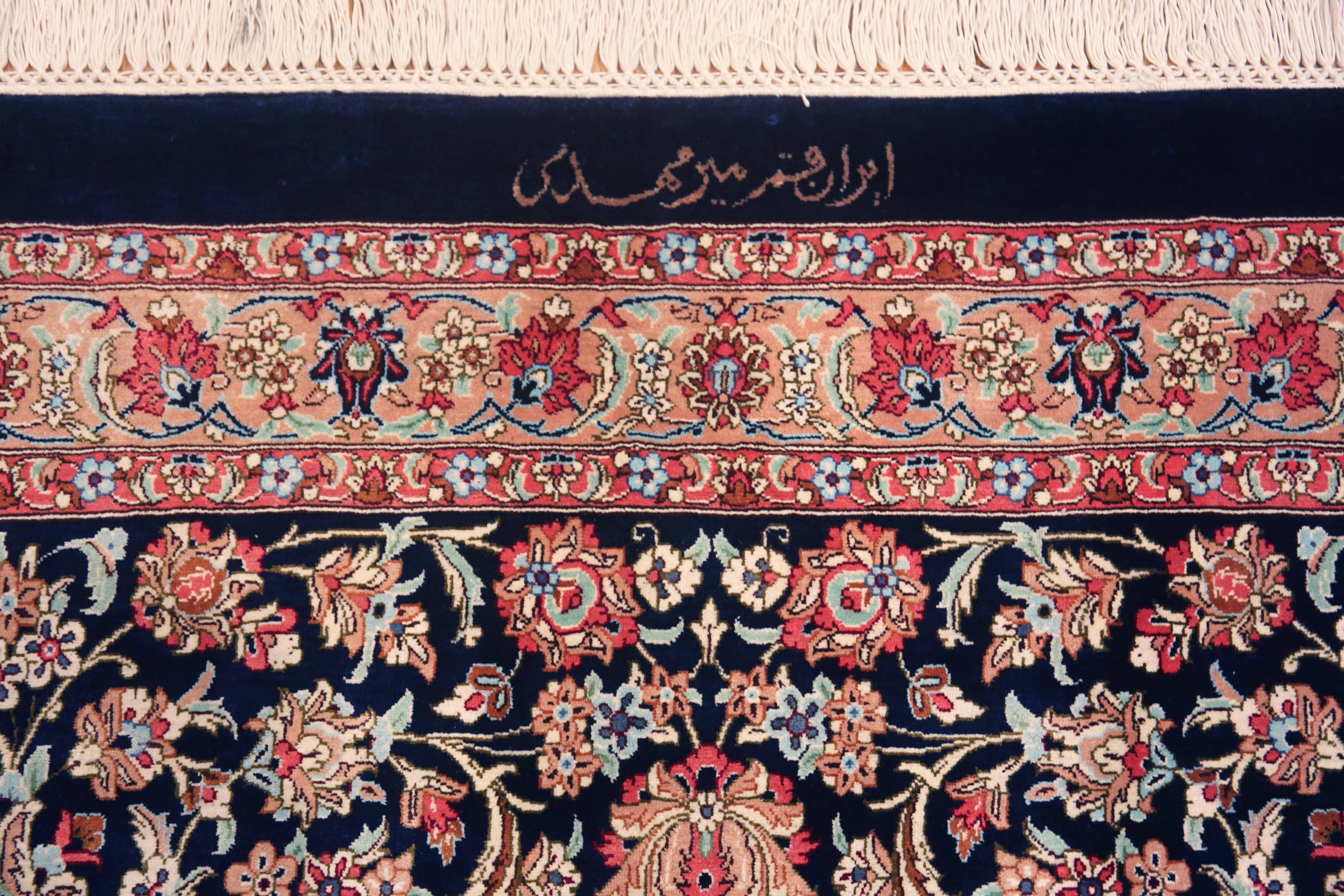 Luxuriöser blauer persischer Qum Gonbad-Teppich in Zimmergröße aus Seide, Vintage 9'7