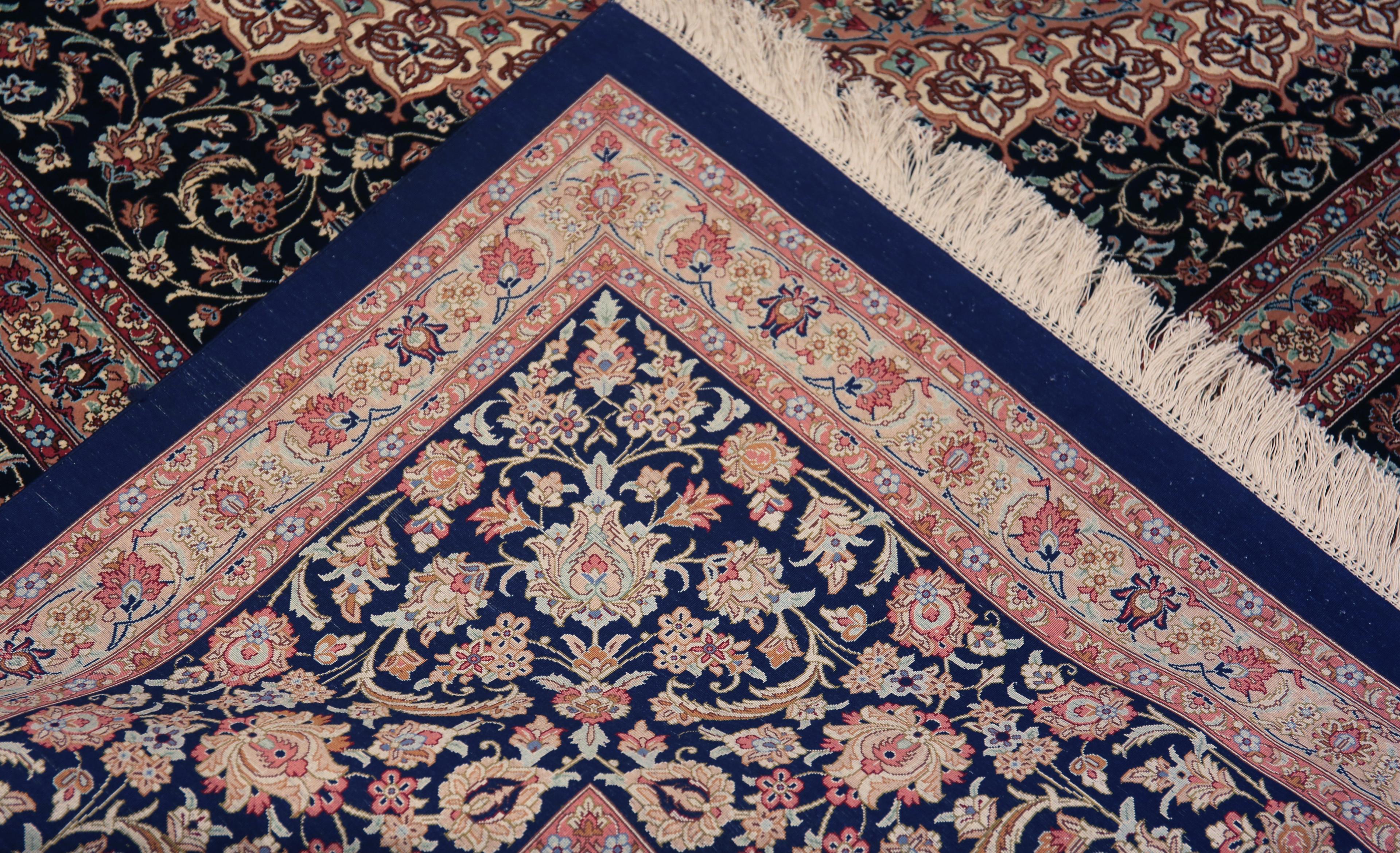 20th Century Luxurious Room Size Silk Vintage Blue Persian Fine Qum Gonbad Rug 9'7