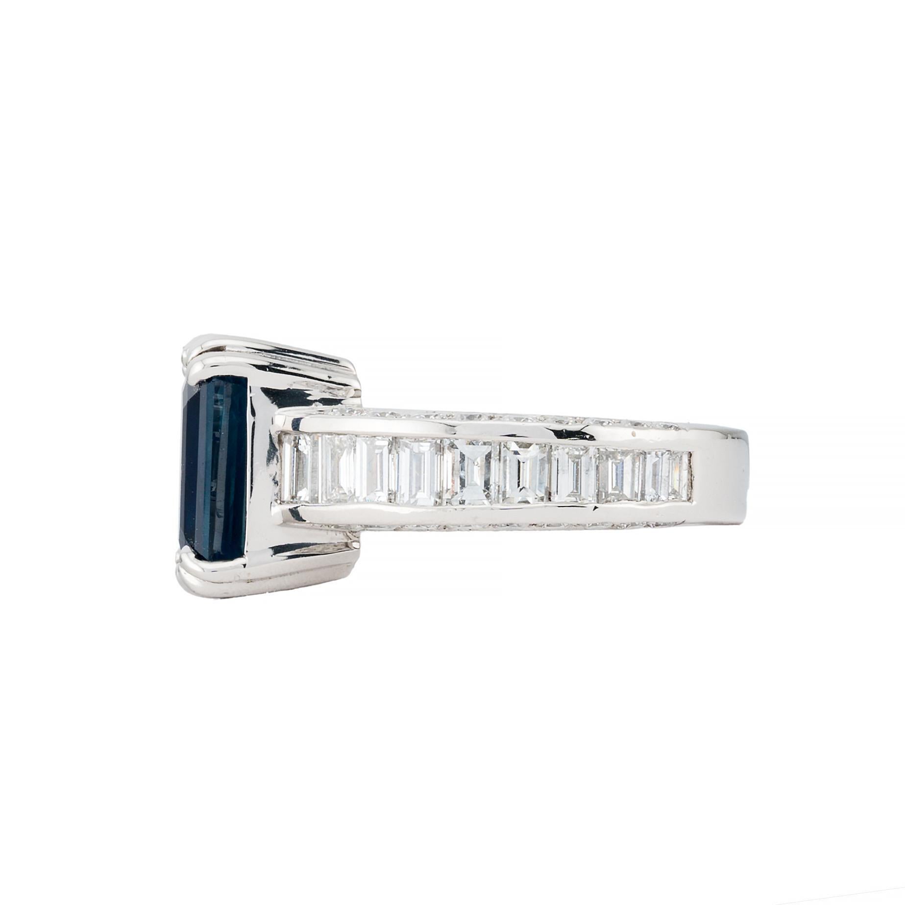 Aston Estate Jewelry Presents:

A striking statement ring featuring a 5.10 carat blue sapphire, expertly cut in an emerald style. Accompanying the sapphire is a certificate from the GIA stating that the sapphire is Natural, and Heated Only.

The