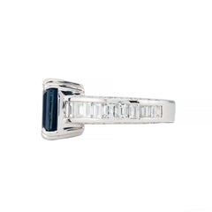 Luxurious Royal Blue Emerald Cut Sapphire & Baguette Diamond Ring in Platinum