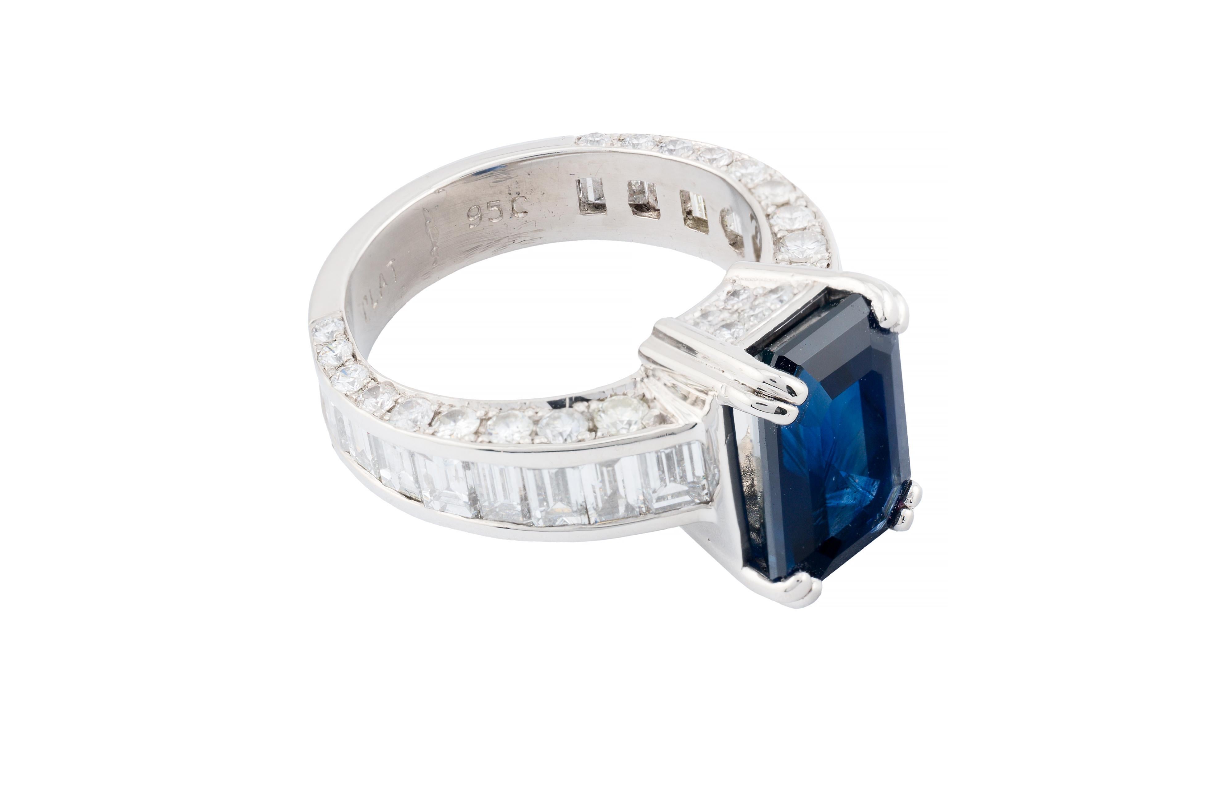Luxurious Royal Blue Emerald Cut Sapphire & Baguette Diamond Ring in Platinum In Excellent Condition For Sale In Boston, MA