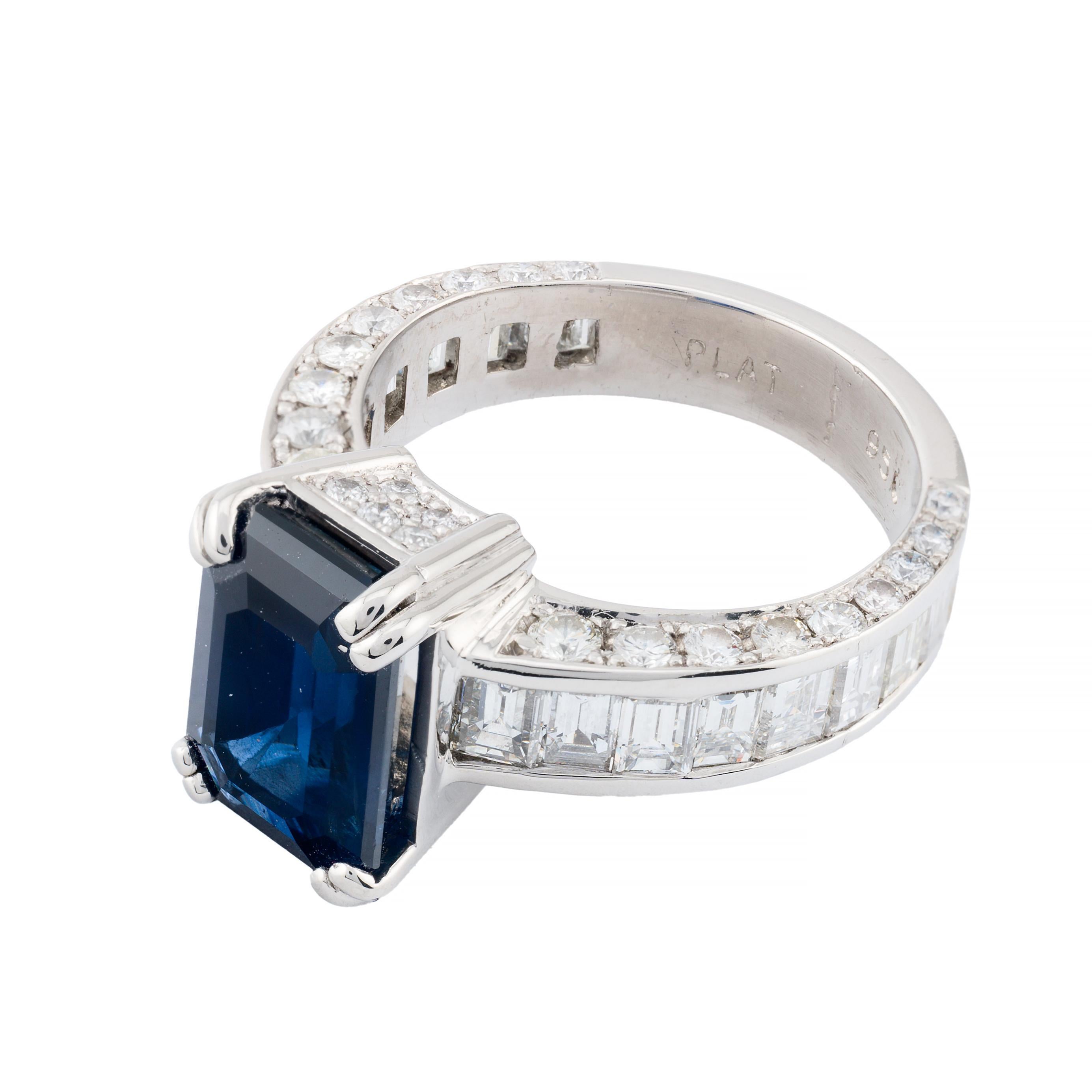 Women's Luxurious Royal Blue Emerald Cut Sapphire & Baguette Diamond Ring in Platinum For Sale