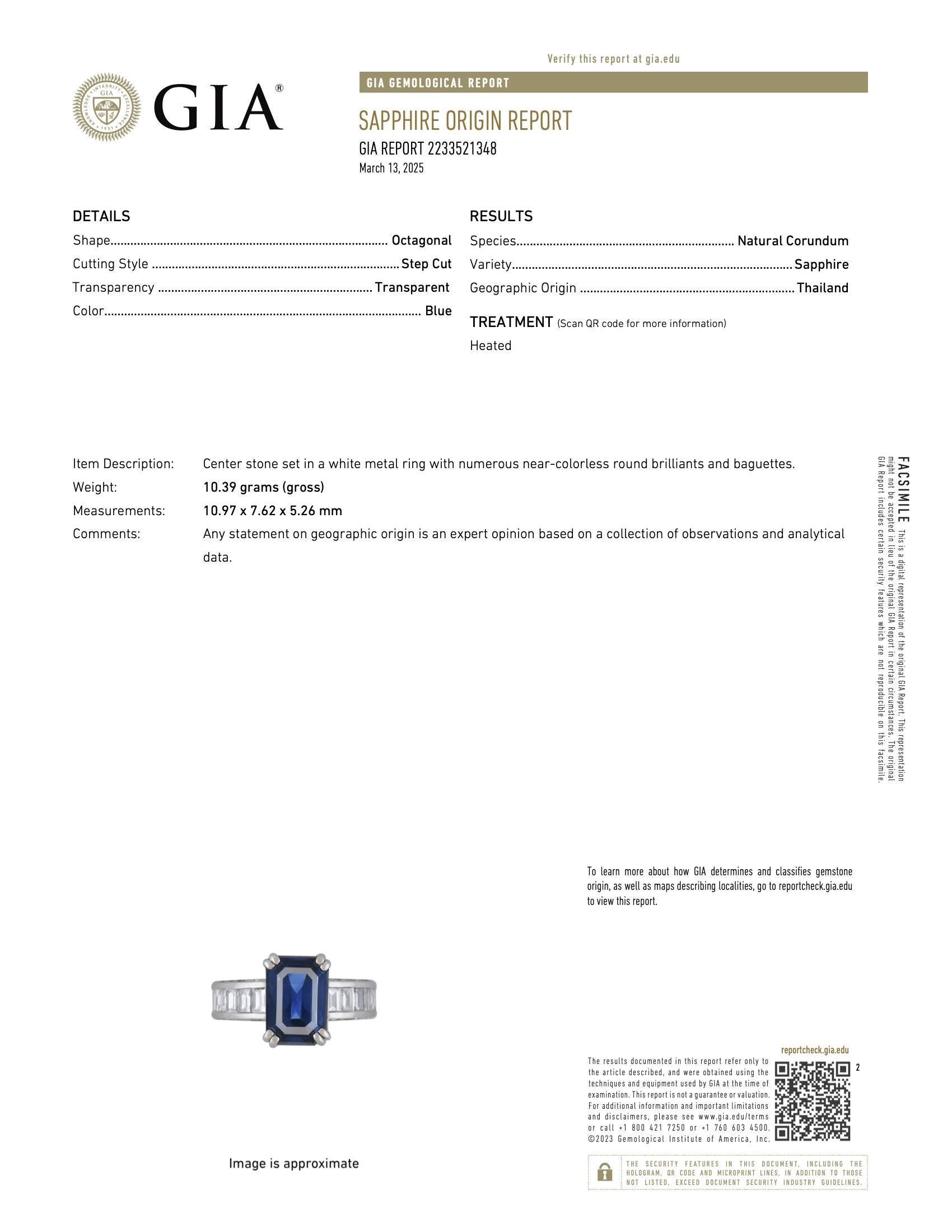 Luxurious Royal Blue Emerald Cut Sapphire & Baguette Diamond Ring in Platinum For Sale 2