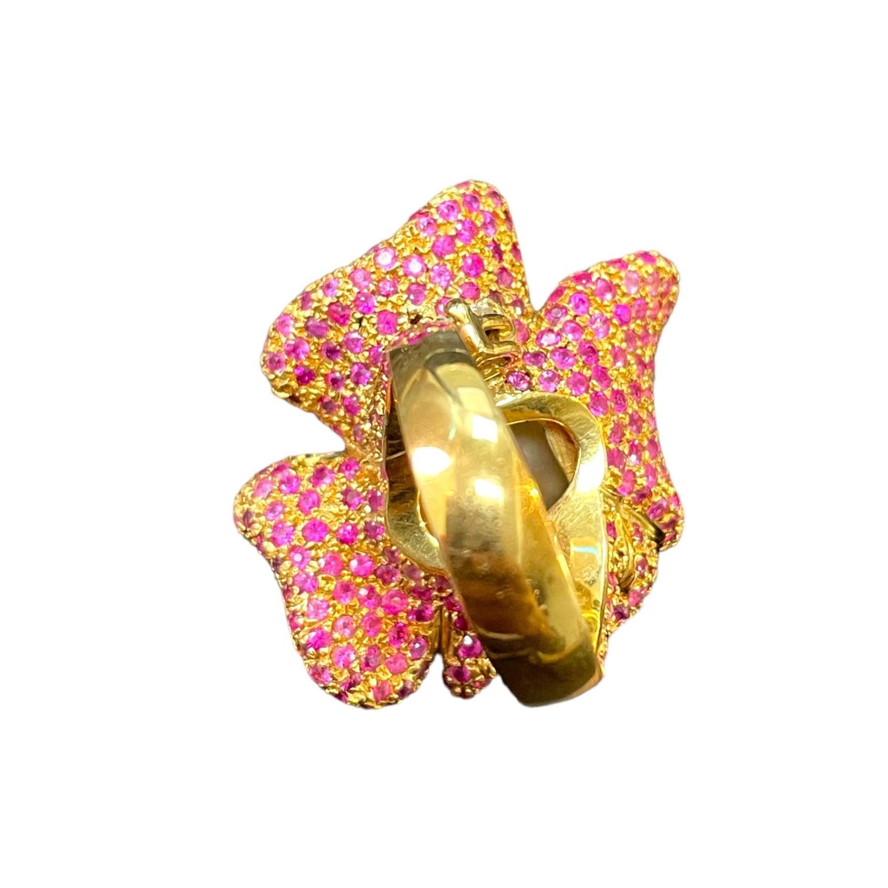 Round Cut Ruby Pearl Flower Ring- 18K Yellow Gold