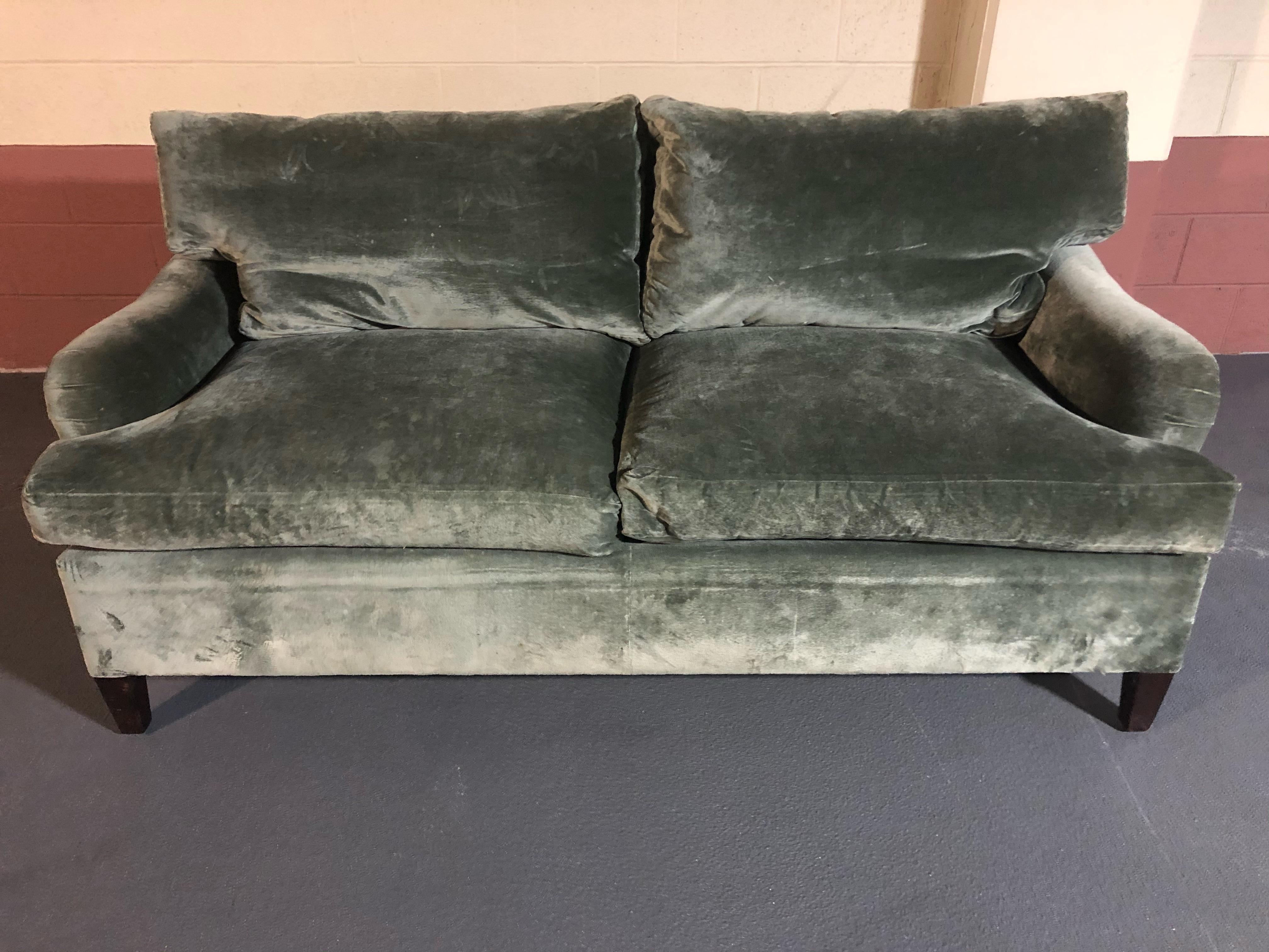 Handsome luxurious George Smith style soft muted sage velvet sofa having 4 removeable cushions. Seat cushions are down and foam; back cushions are down. Two throw pillows included 17 x 17
 seat height 20.