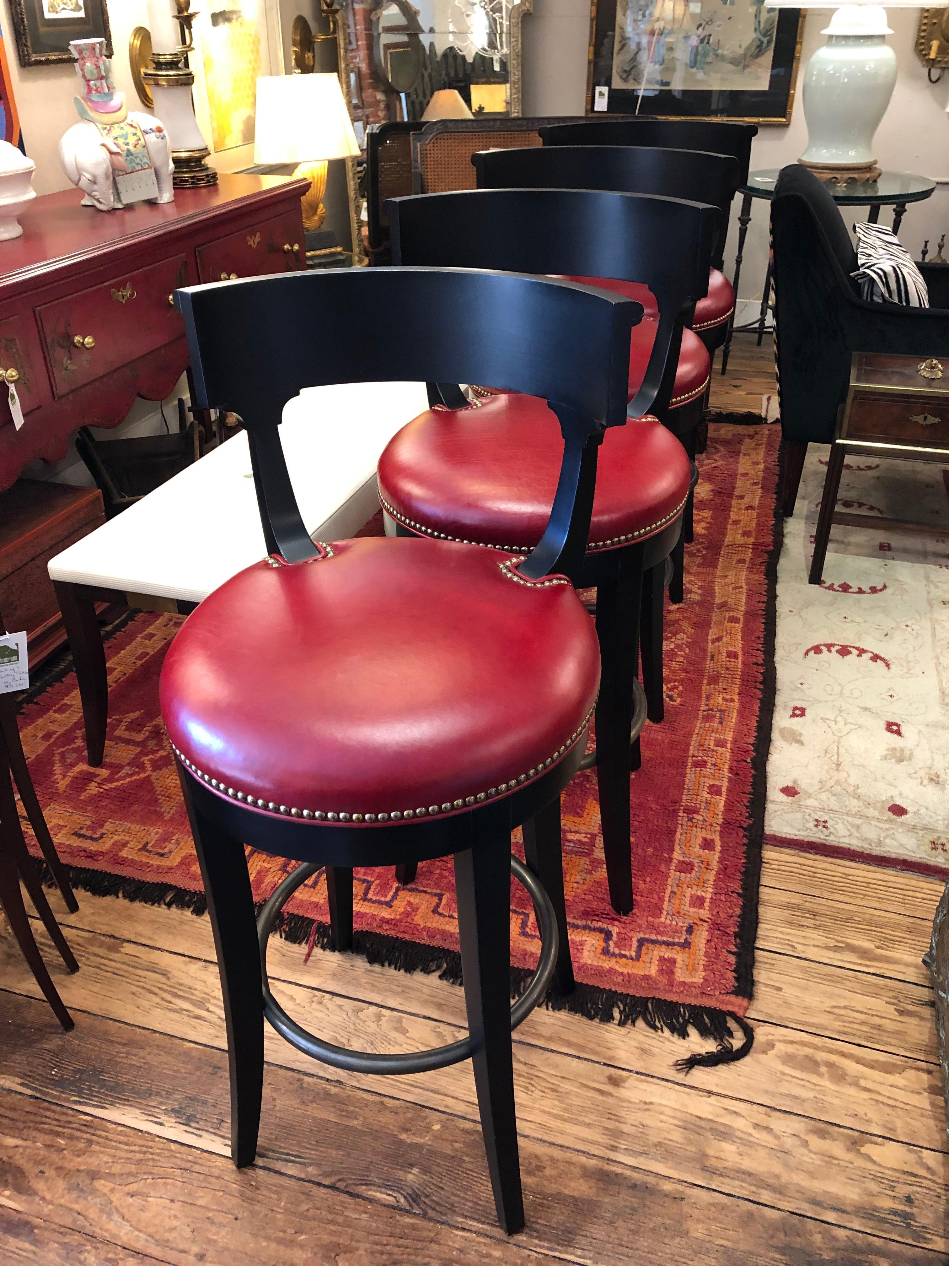 Luxurious Set of 4 Custom Ebonized Wood & Red Leather Bar Stools For Sale 3
