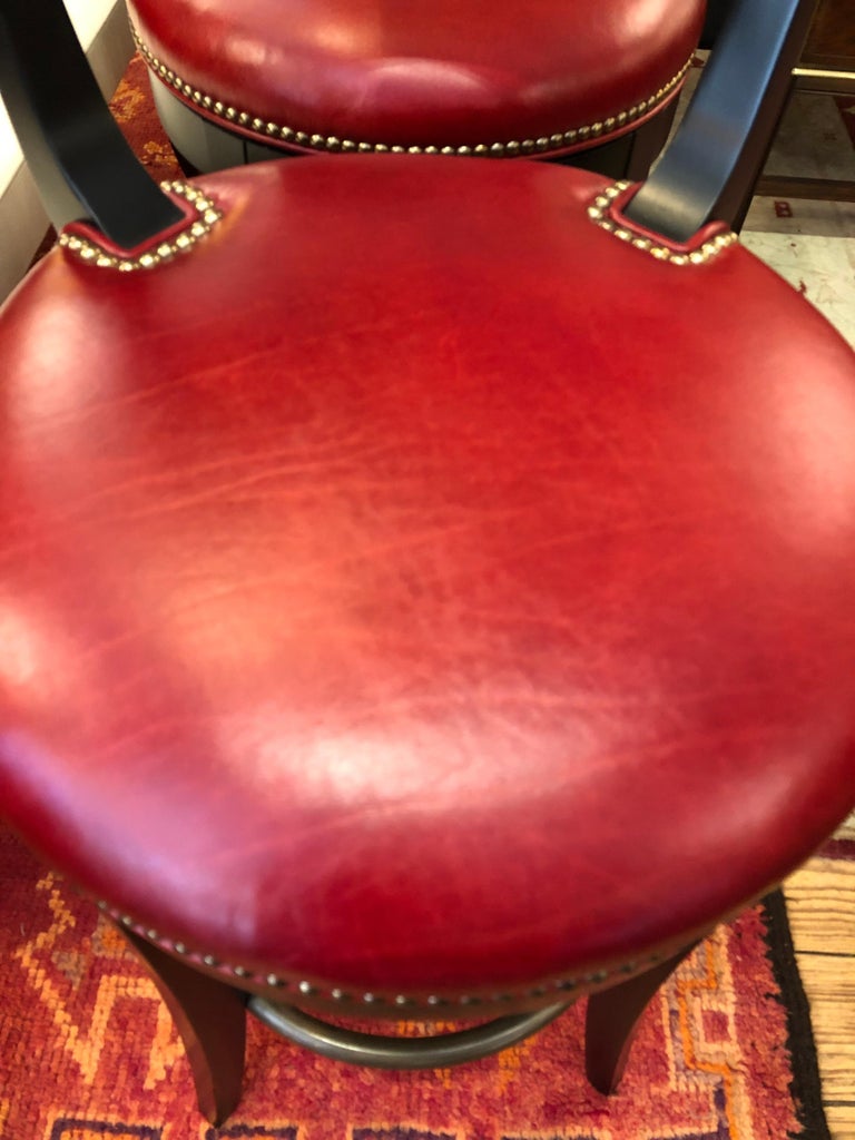 Luxurious Set of 4 Custom Ebonised Wood and Red Leather Bar Stools For