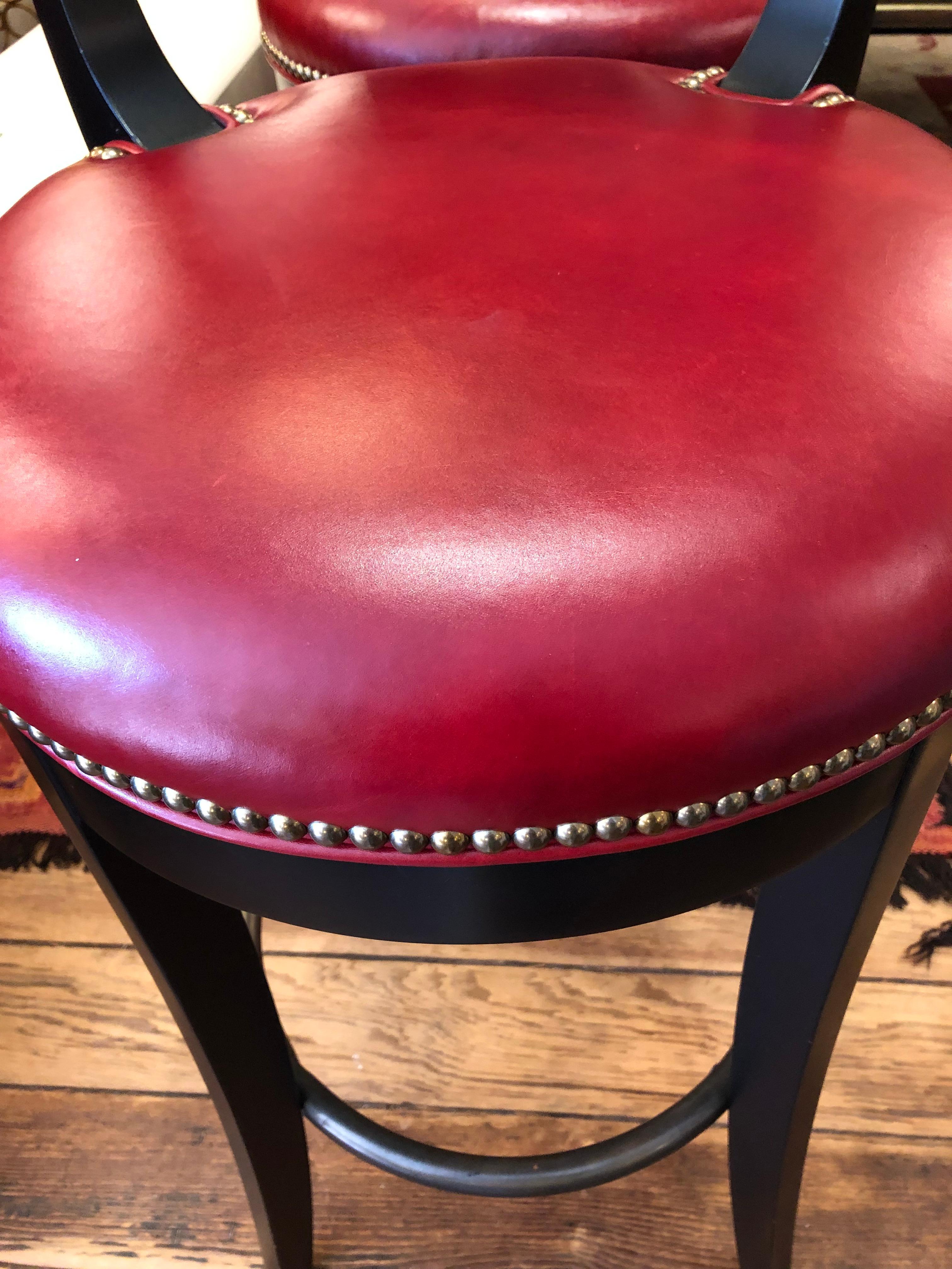 Luxurious Set of 4 Custom Ebonized Wood & Red Leather Bar Stools In Good Condition For Sale In Hopewell, NJ