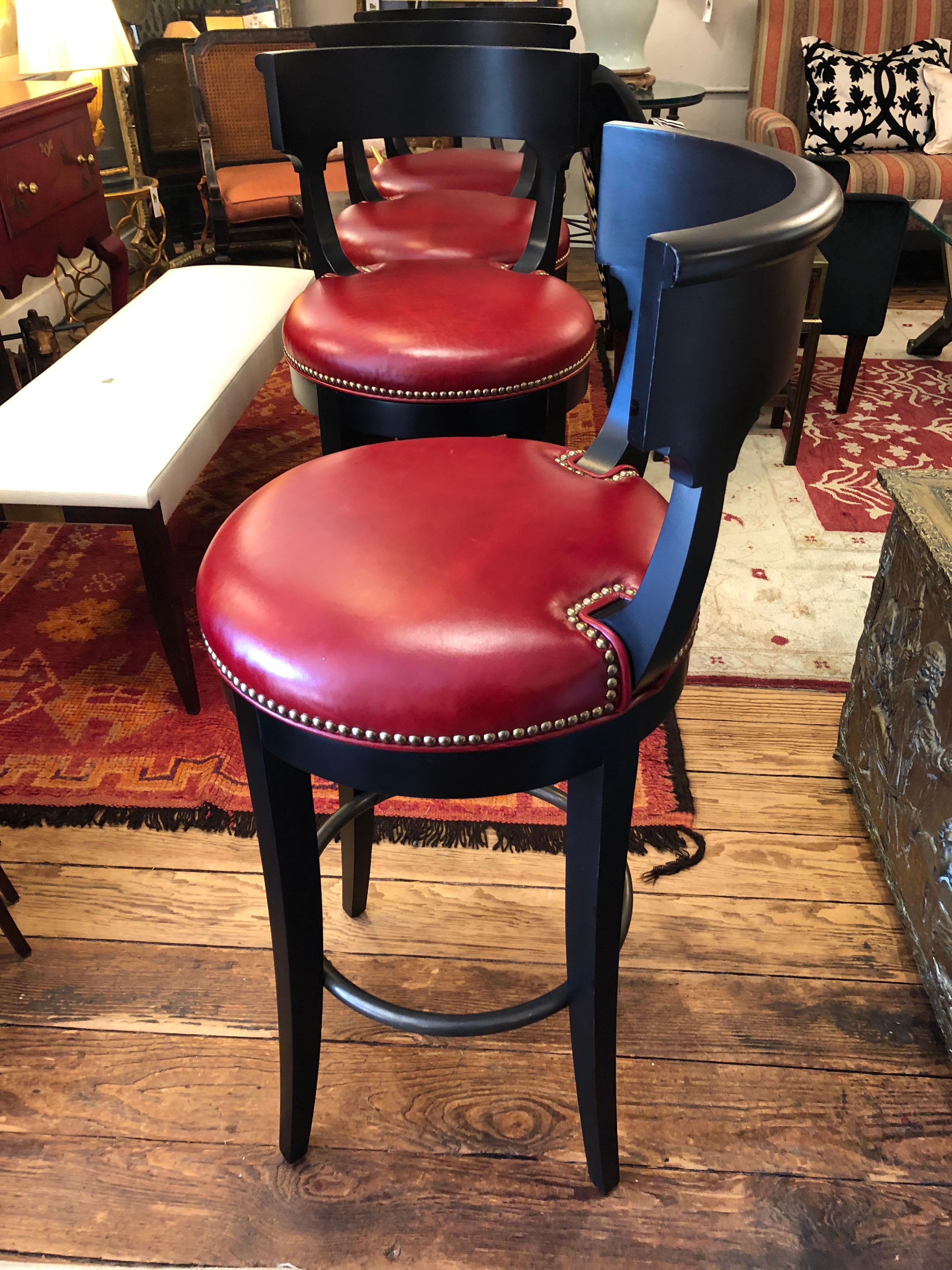 Contemporary Luxurious Set of 4 Custom Ebonized Wood & Red Leather Bar Stools For Sale