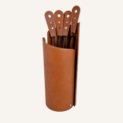 Luxurious set of fireplace accessories in steel and leather ALERY