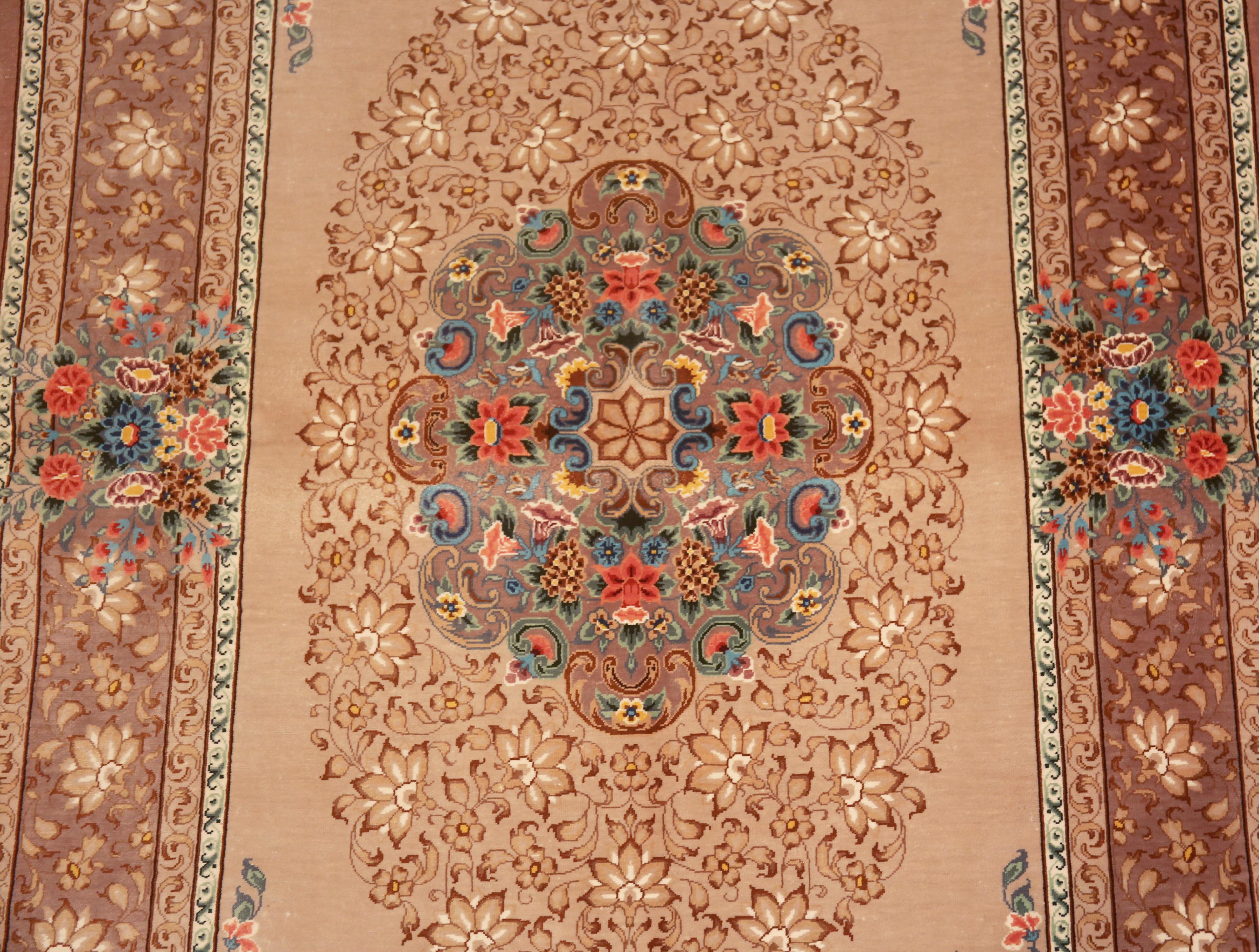 Hand-Knotted Luxurious Small Fine Floral Vintage Persian Silk Qum Rug 2'7