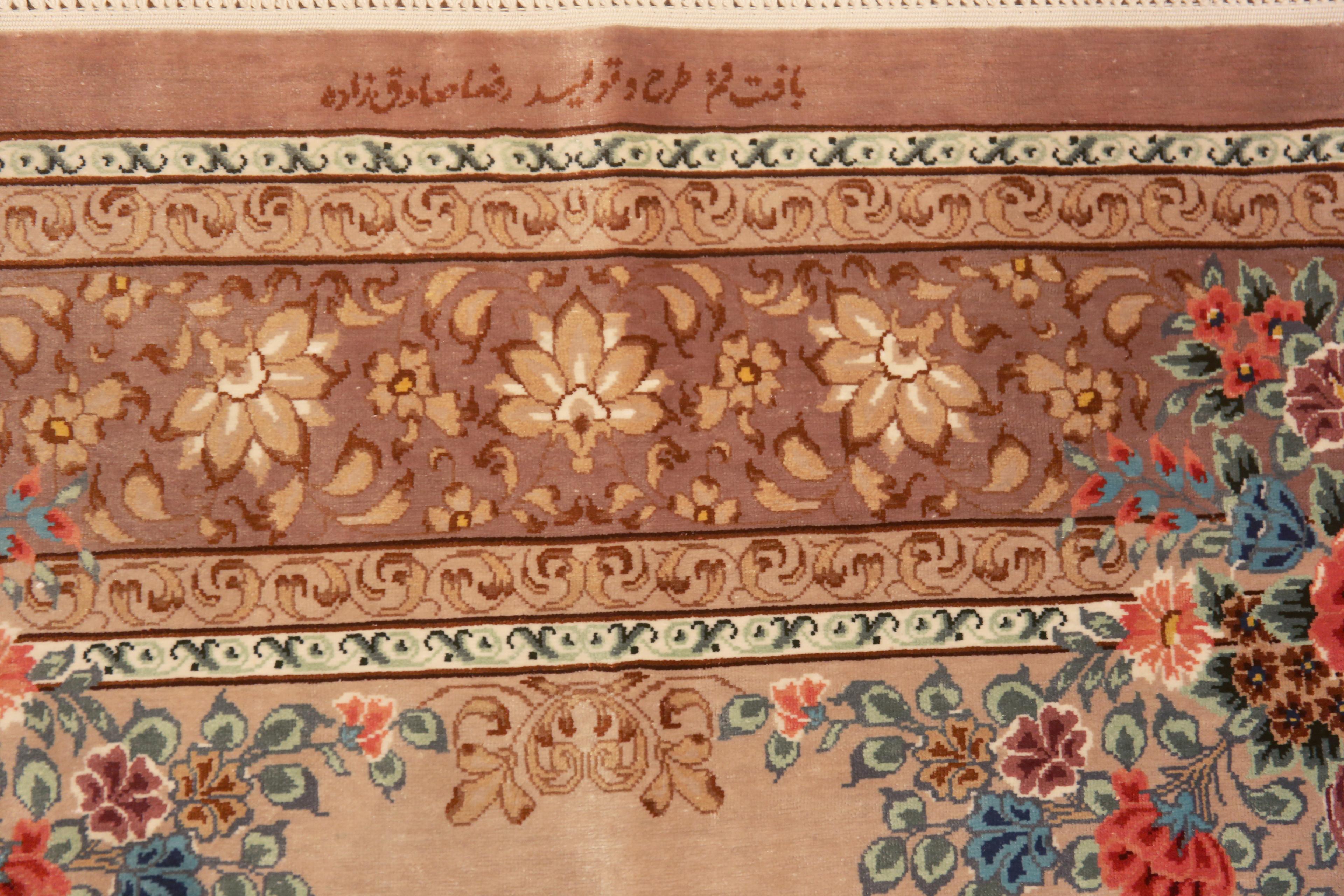 Luxurious Small Fine Floral Vintage Persian Silk Qum Rug 2'7
