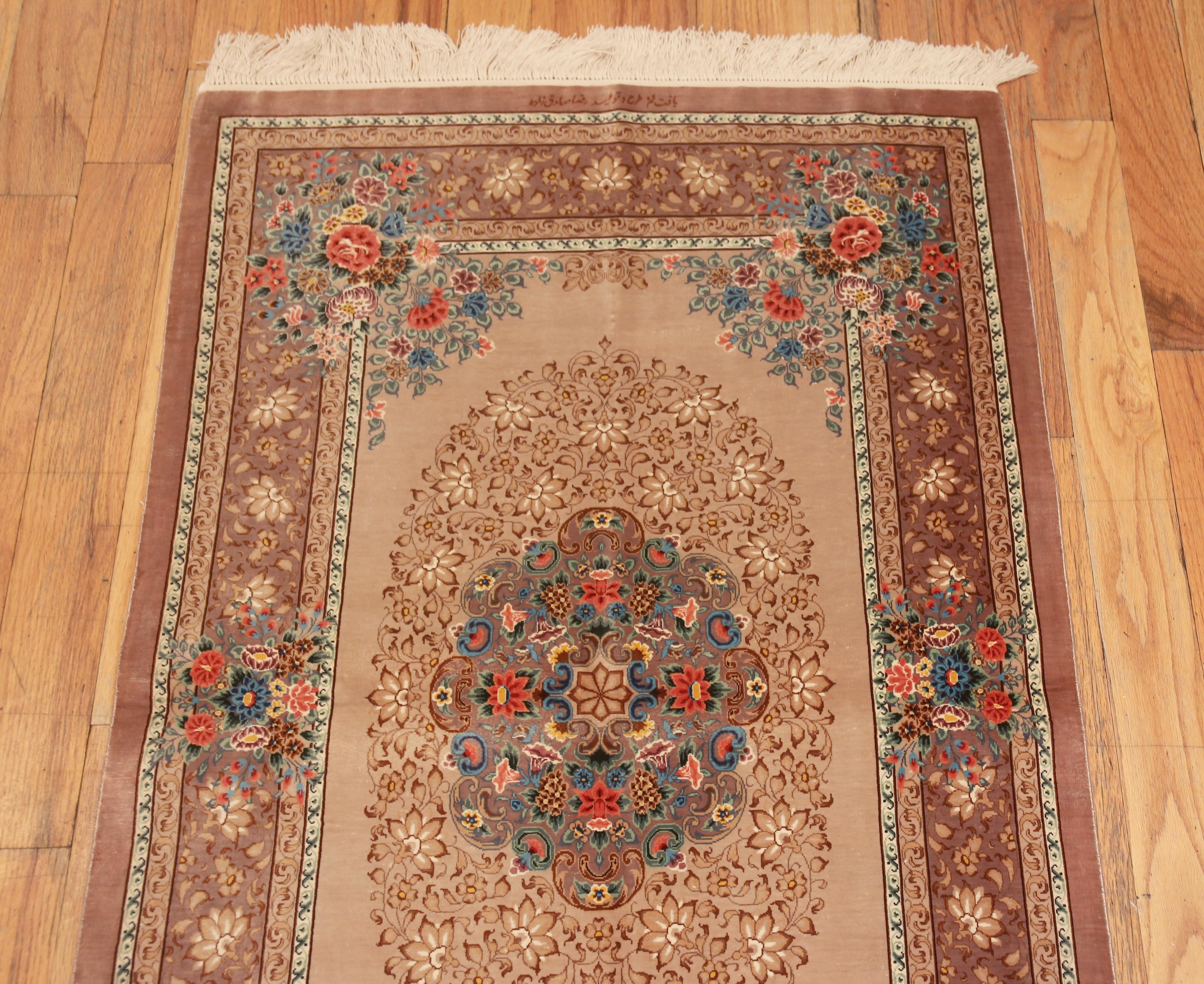 20th Century Luxurious Small Fine Floral Vintage Persian Silk Qum Rug 2'7