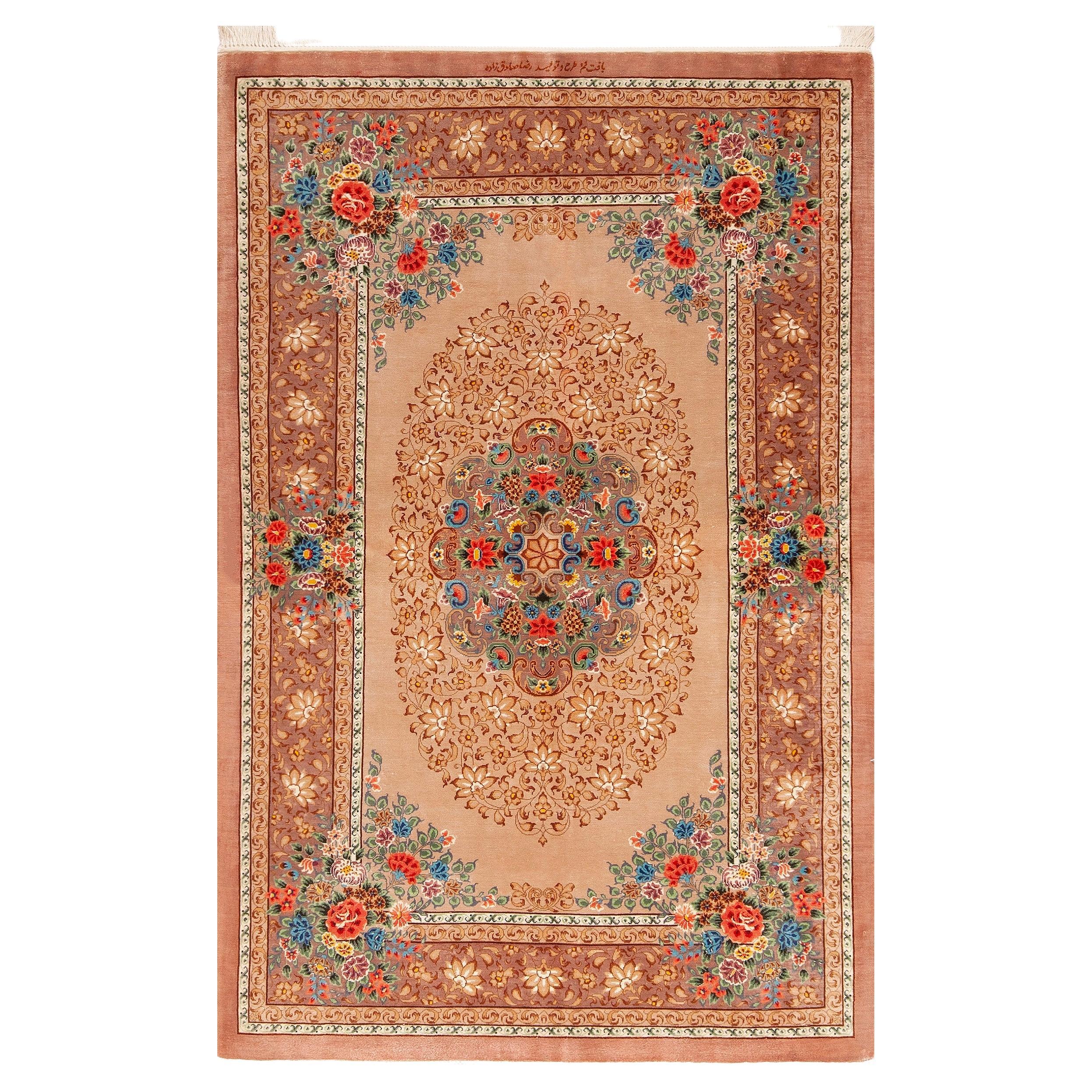 Luxurious Small Fine Floral Vintage Persian Silk Qum Rug 2'7" x 4'1"