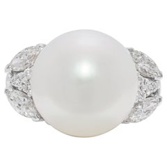 Lujoso Anillo de Perla del Mar del Sur y Diamante Natural de 0,86 ct en Oro Blanco de 18 quilates