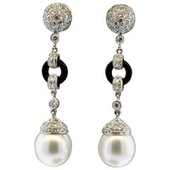 Luxurious South Sea Pearl Diamond Onyx Gold Drop Earrings