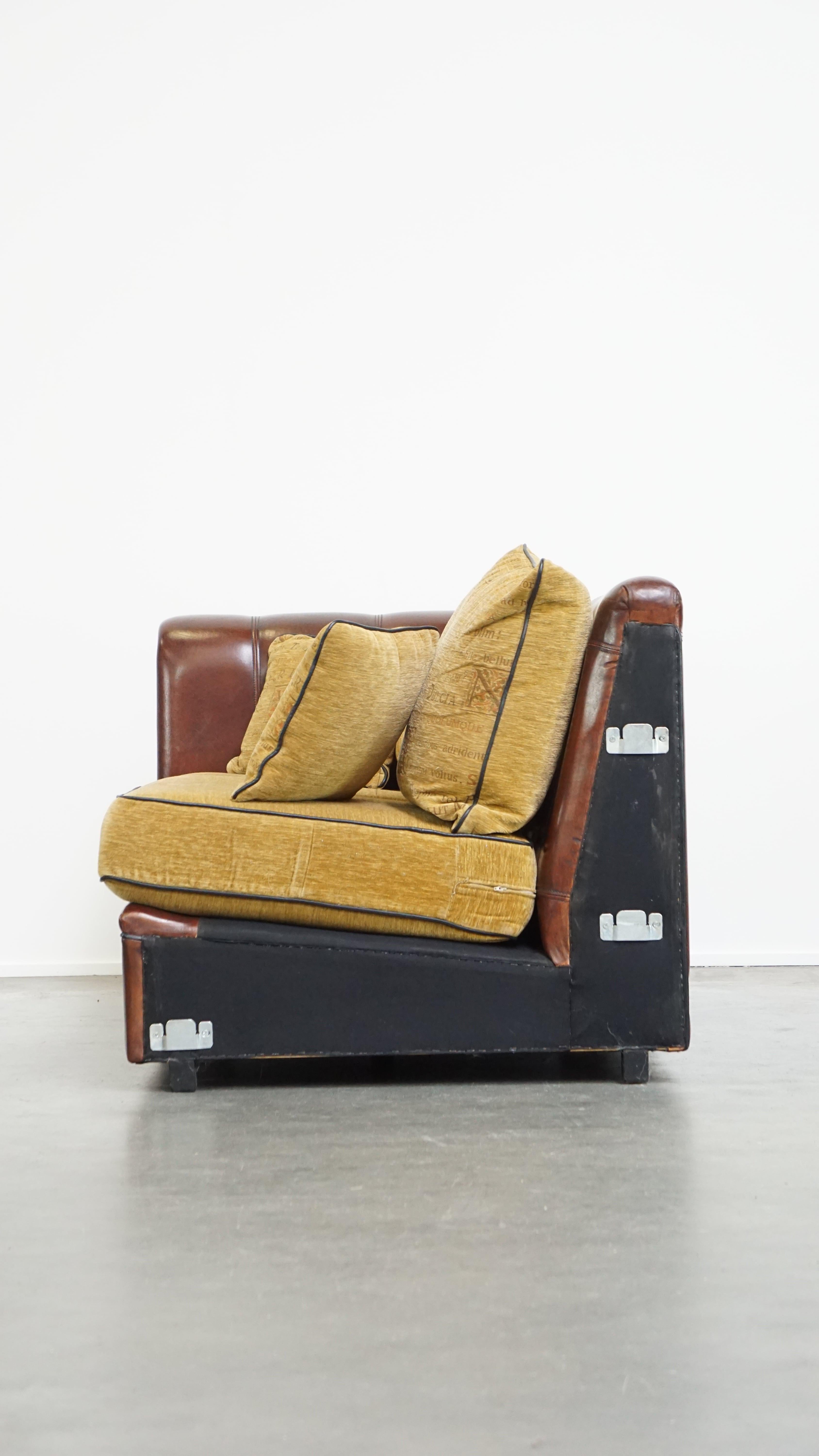 20th Century Luxurious, spacious two-seater top quality sheepskin sofa with fabric cushions For Sale