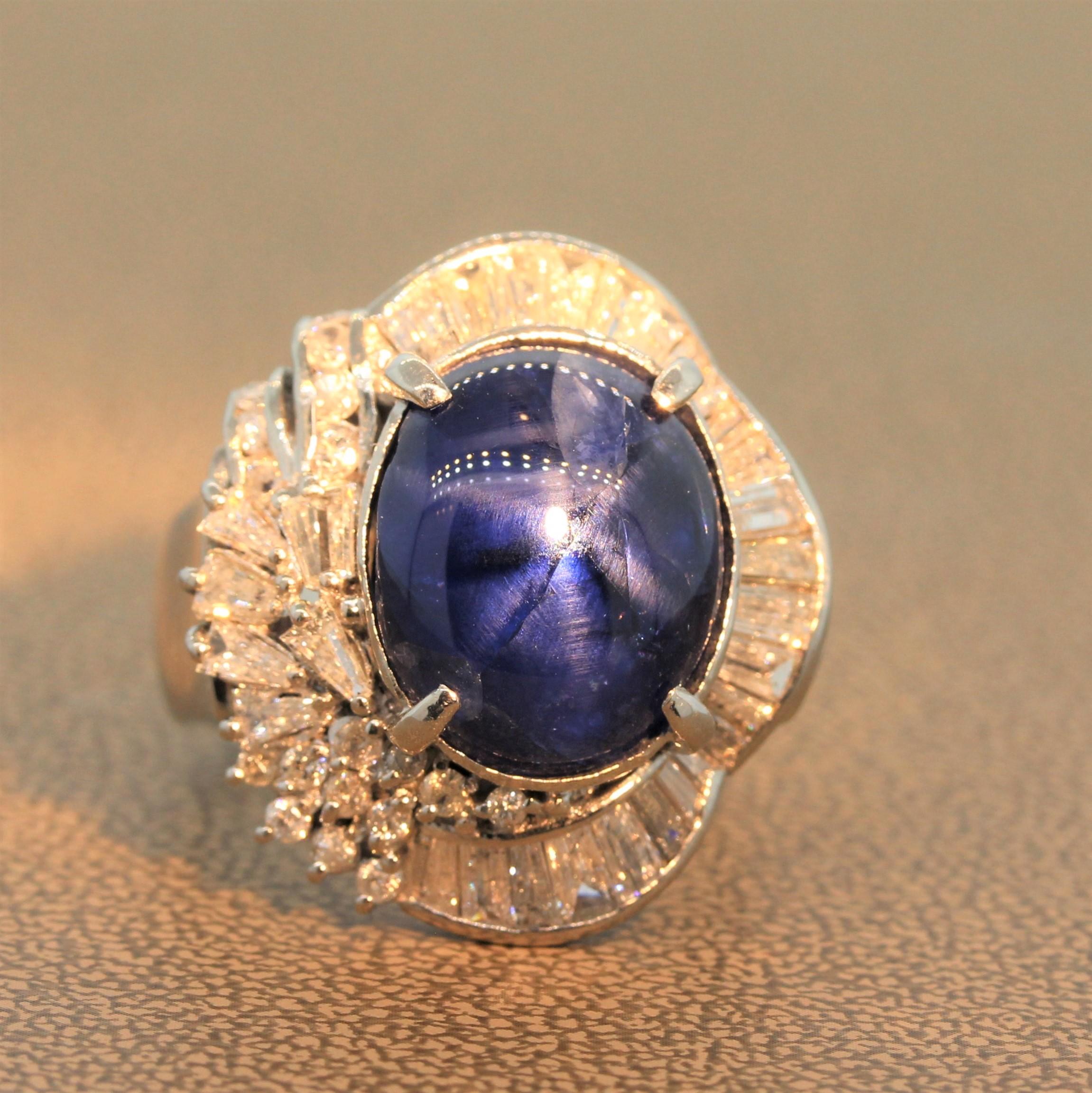 Luxurious Star Sapphire Diamond Platinum Cocktail Ring In New Condition In Beverly Hills, CA