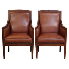 Luxueux, majestueux, ensemble de 2 fauteuils Art Déco en cuir de vachette couleur cognac