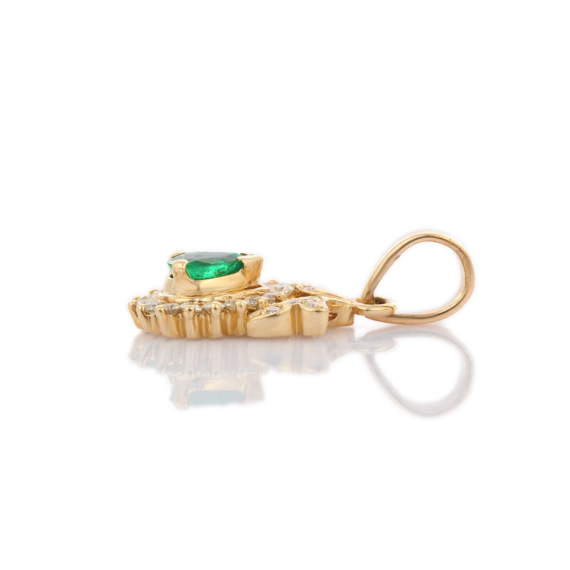 Pear Cut Emerald Diamond Pendant studded with emerald and diamond in 14K Gold. This stunning piece of jewelry instantly elevates a casual look or dressy outfit. 
Emerald enhances the intellectual capacity. 
Designed with pear cut emerald set with