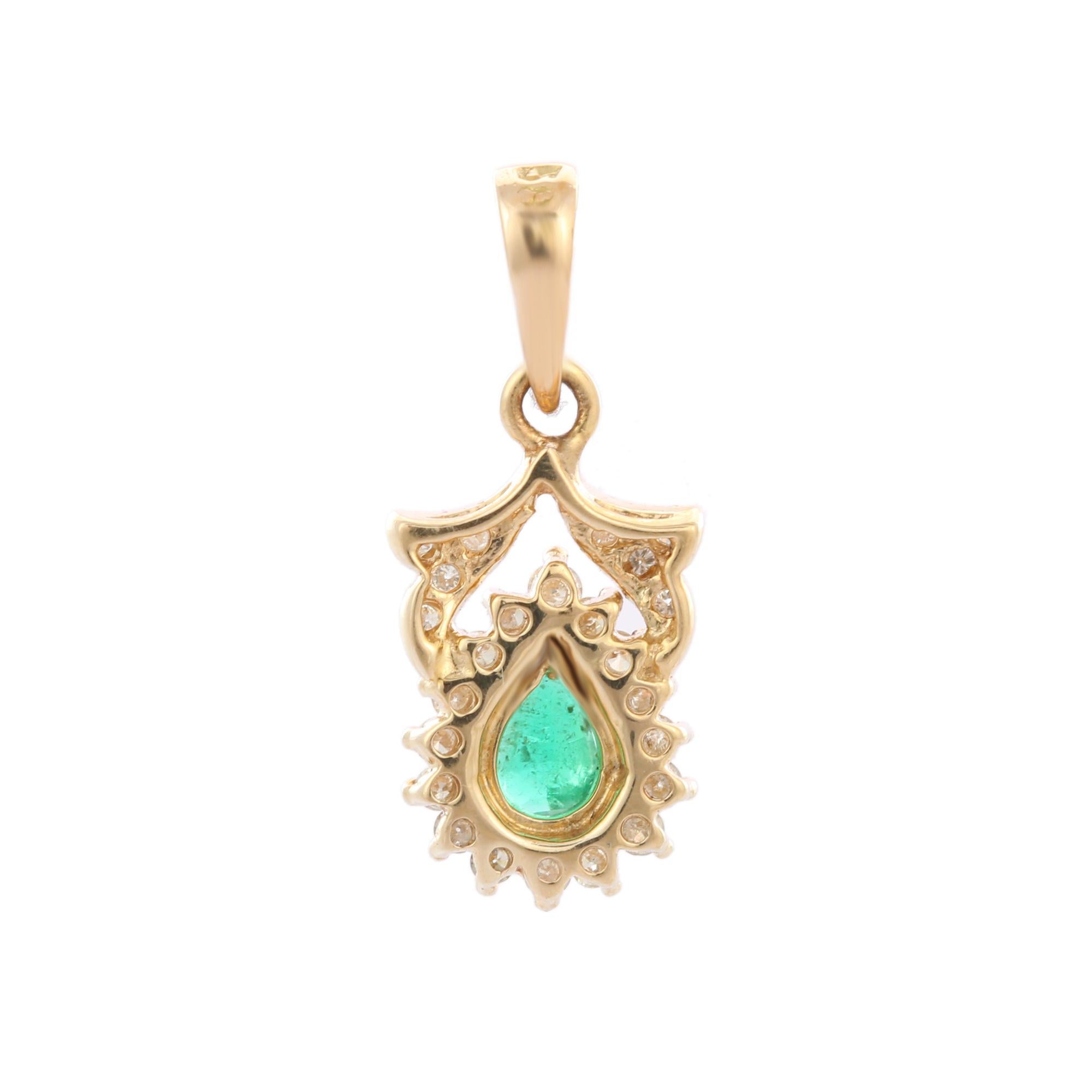Art Deco Pear Cut Emerald Diamond Pendant 14k Yellow Gold, Bride To Be Gift For Women For Sale
