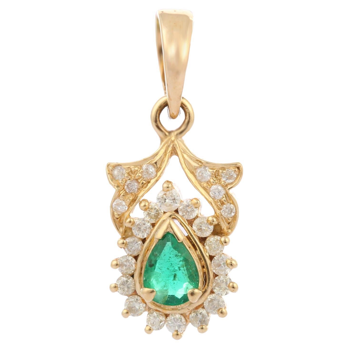 Pear Cut Emerald Diamond Pendant 14k Yellow Gold, Bride To Be Gift For Women For Sale