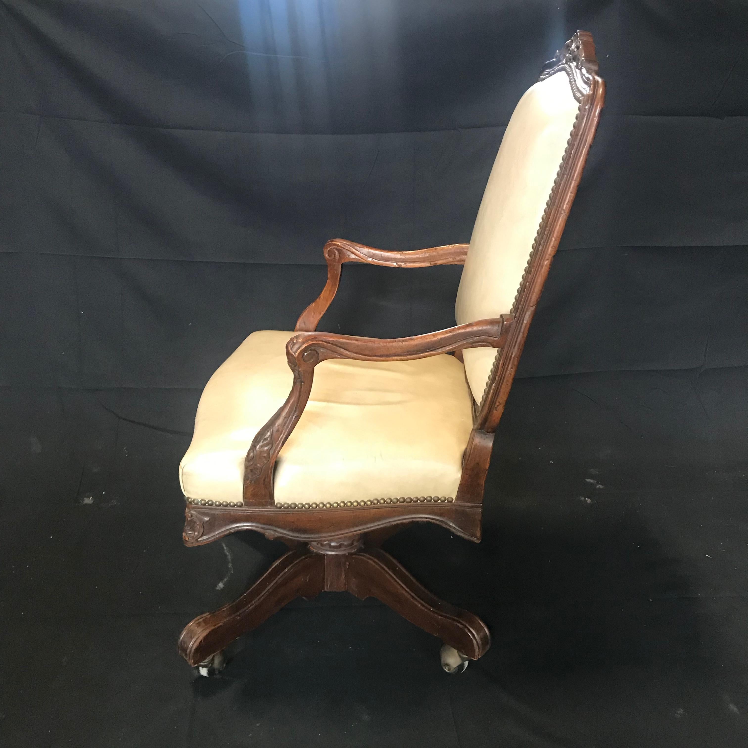 Early 20th Century Luxurious Swivel French Louis XV Style Leather Desk Chair