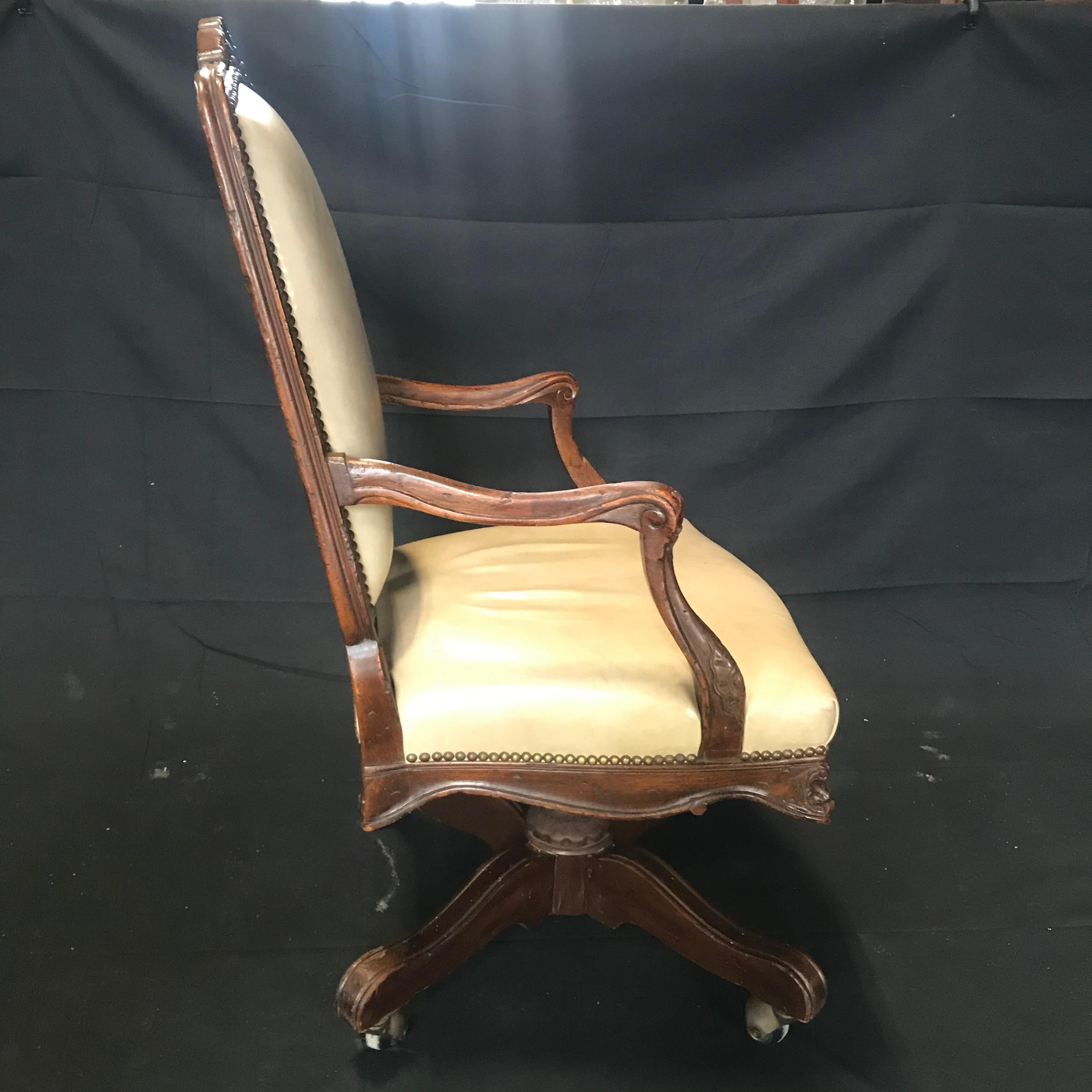 Oak Luxurious Swivel French Louis XV Style Leather Desk Chair
