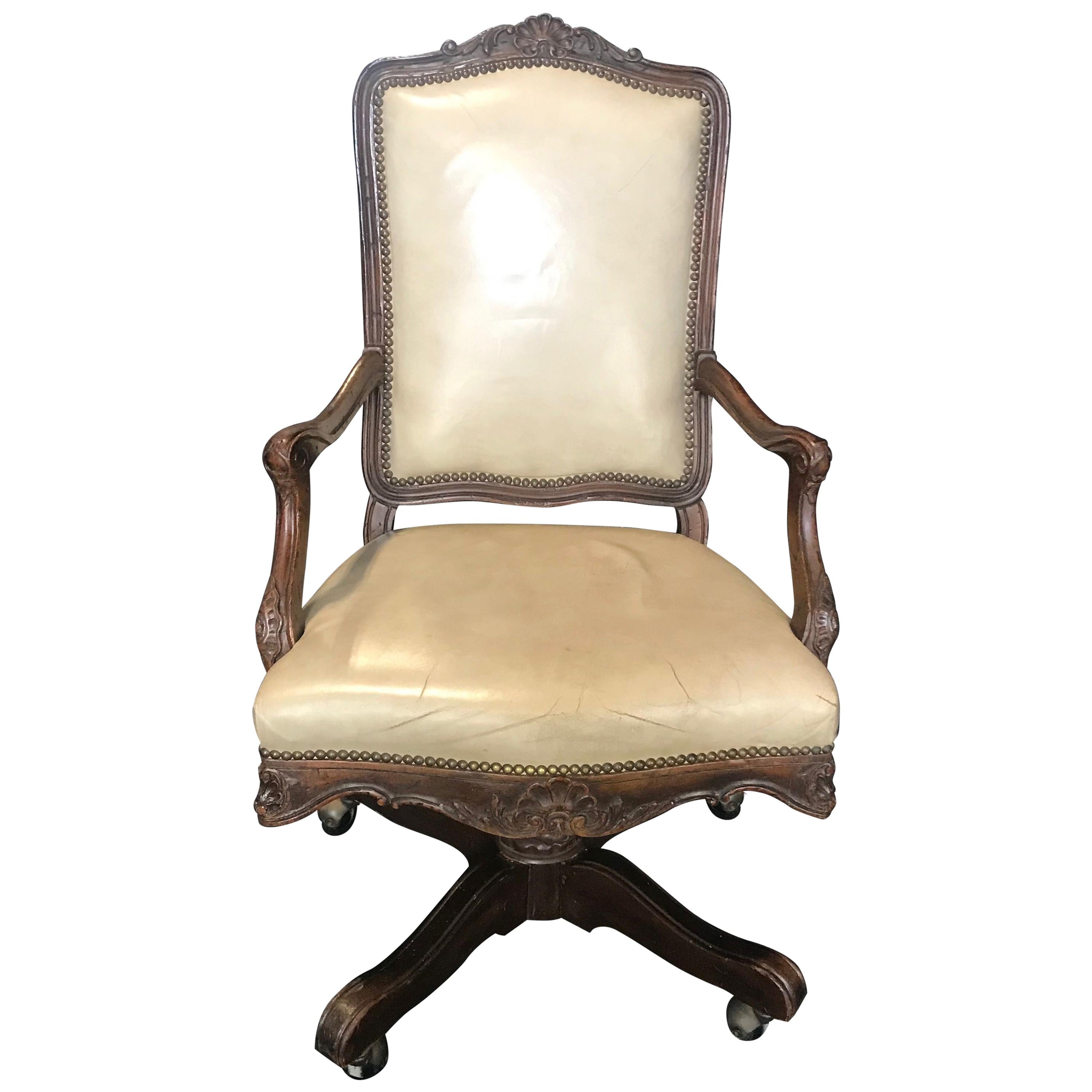 Luxurious Swivel French Louis XV Style Leather Desk Chair