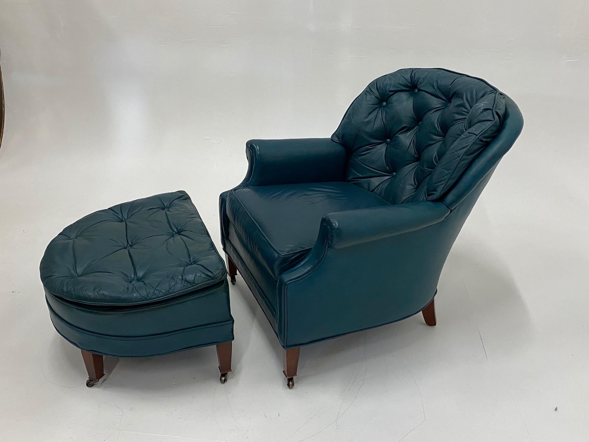 Luxurious Teal Blue Tufted Leather Club Chair and Ottoman 4