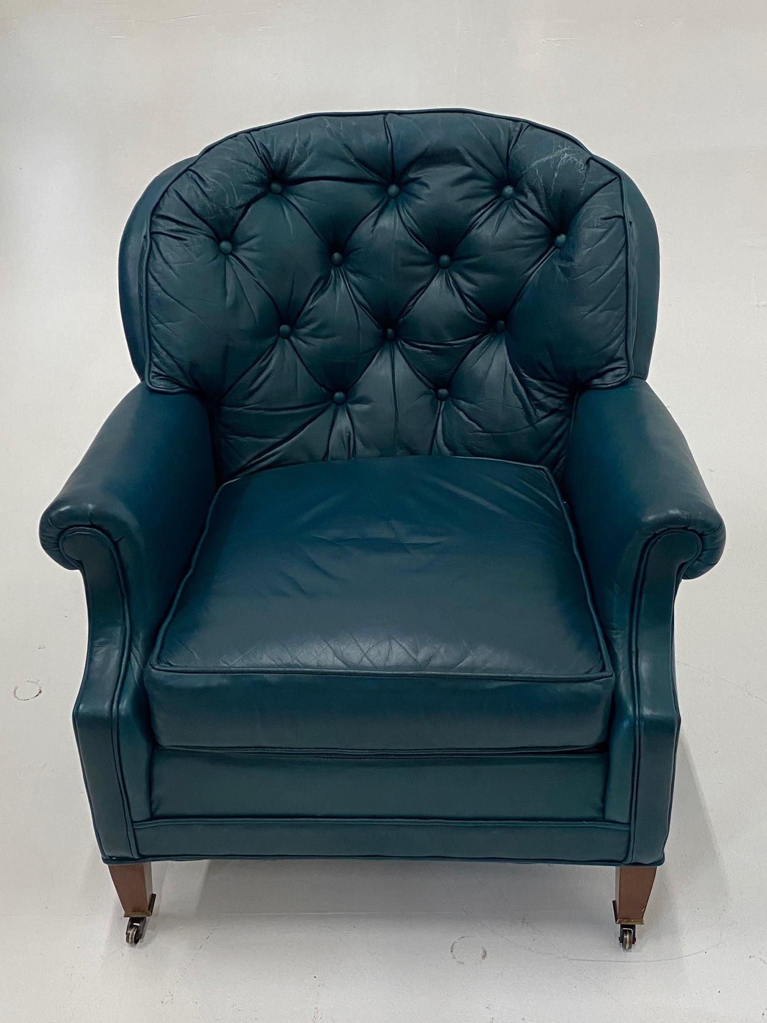 A yummy comfy tufted leather club chair and half moon ottoman in a striking shade of teal blue.
Measures: Ottoman is 15.5 H, 27 W, 21 D
Arm height 22.
 
