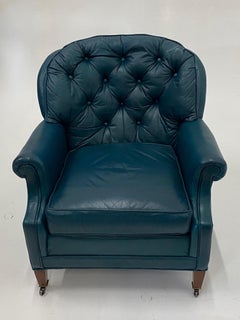 Luxurious Teal Blue Tufted Leather Club Chair and Ottoman
