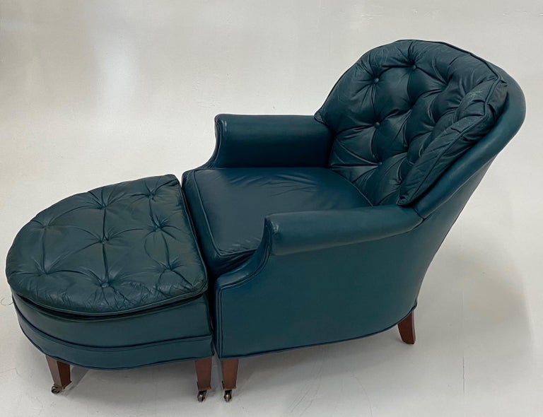 Luxurious Teal Blue Tufted Leather Club Chair and Ottoman at 1stDibs | teal  club chair, teal chair and ottoman, teal chair with ottoman