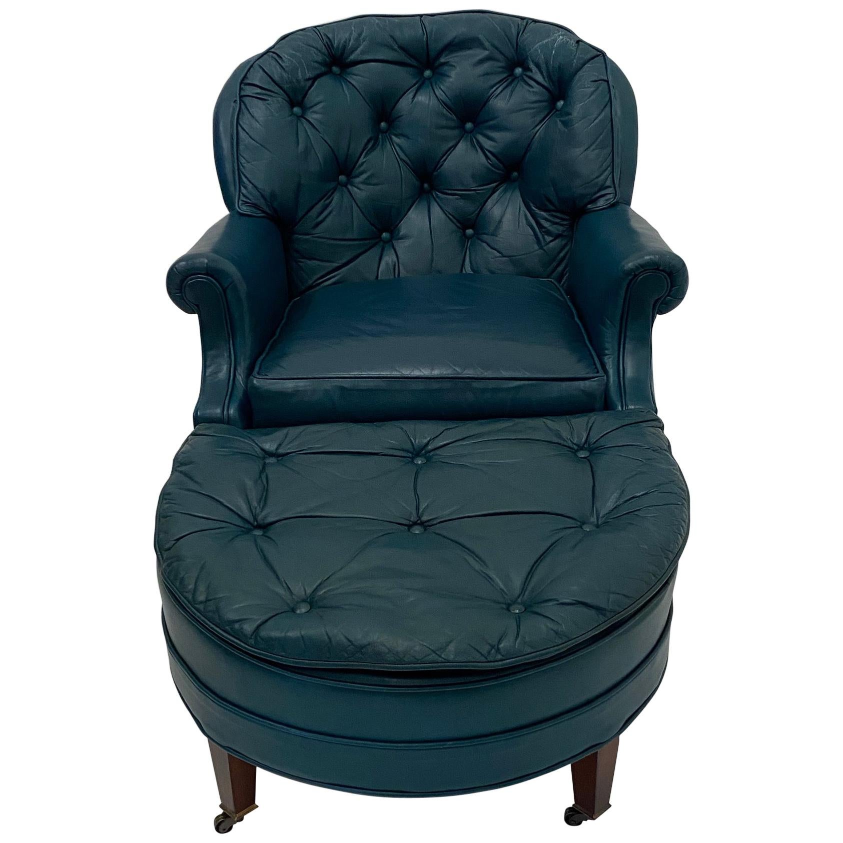 Luxurious Teal Blue Tufted Leather Club Chair and Ottoman