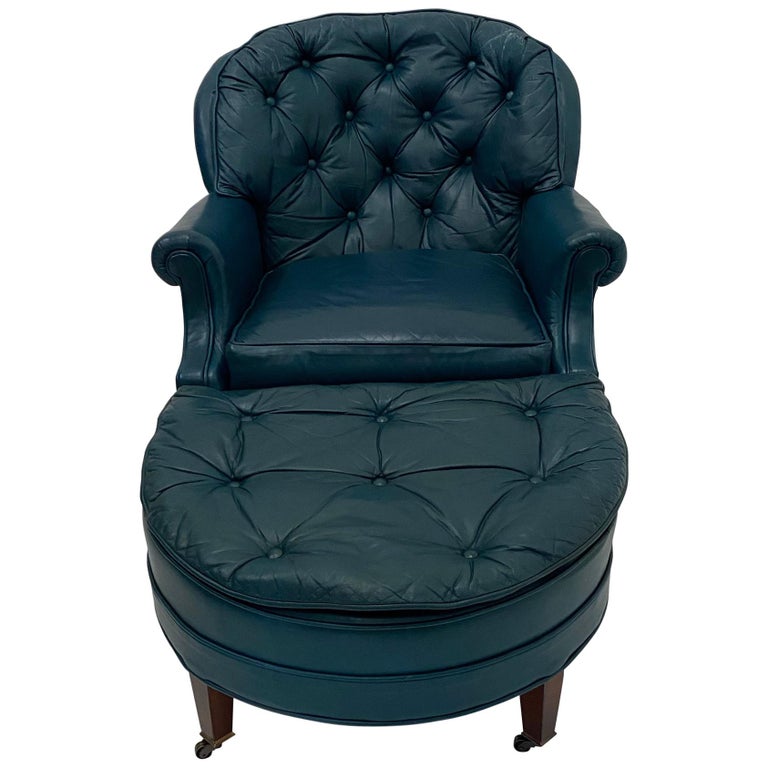 Luxurious Teal Blue Tufted Leather Club, Blue Leather Chair And Ottoman