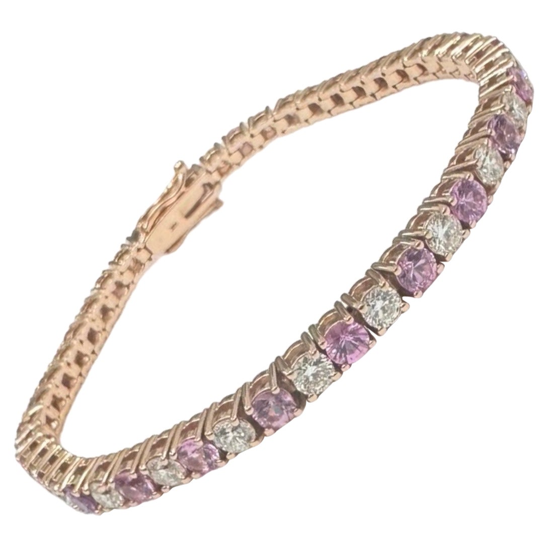 Lujosa Pulsera de Tenis 9,60 Quilates Diamantes y Zafiros Oro Rosa 14k
