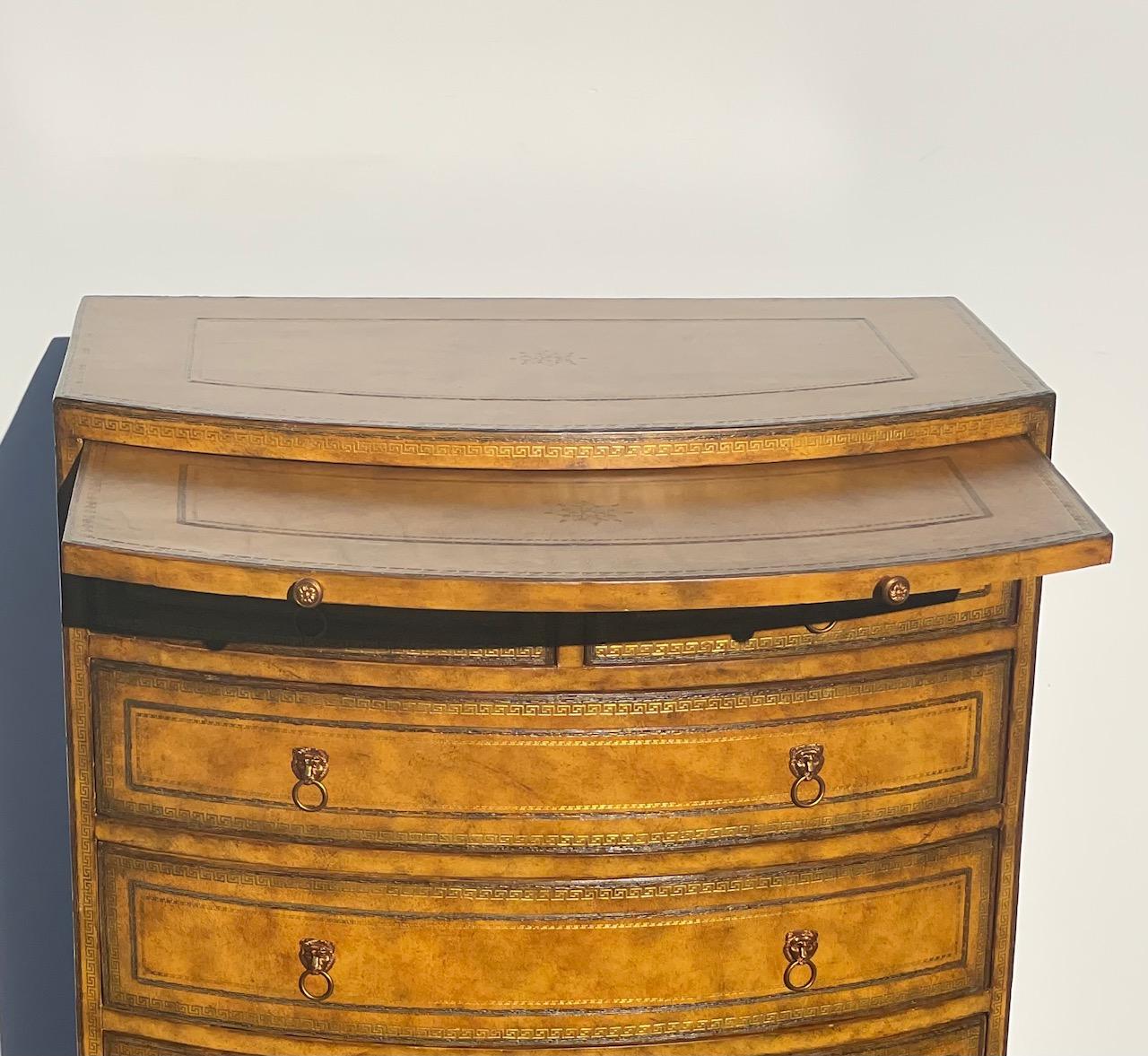 Philippine Luxurious Tooled Leather Wrapped Bachelors Chest Commode with Lion Hardware