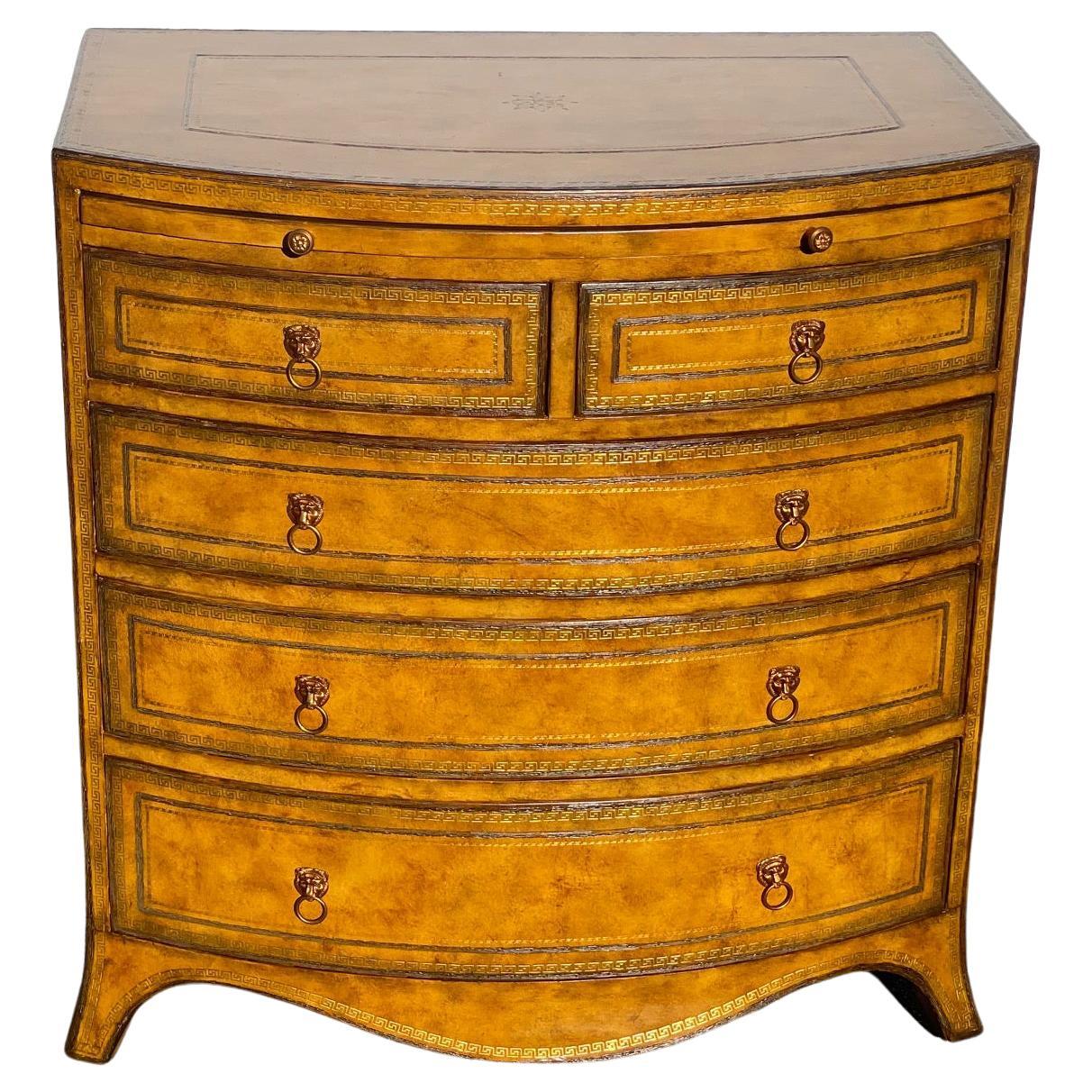 Luxurious Tooled Leather Wrapped Bachelors Chest Commode with Lion Hardware
