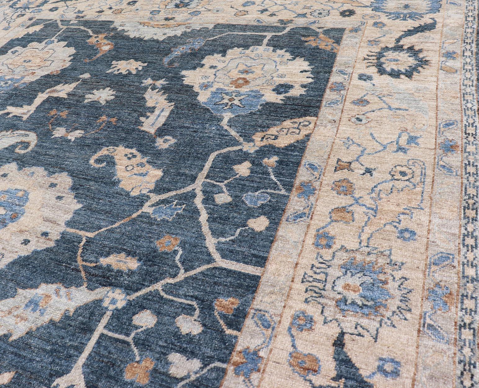 Luxurious Turkish Angora Oushak Rug in Deep Blue and Beige With Floral Design For Sale 4