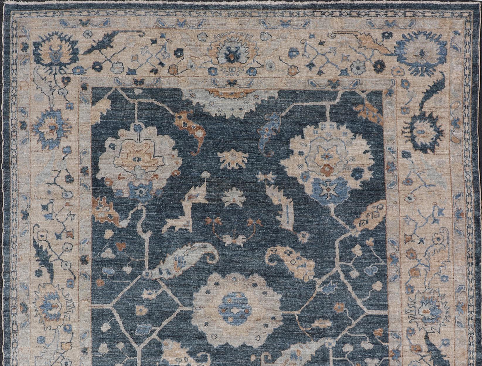 Luxurious Turkish Angora Oushak Rug in Deep Blue and Beige With Floral Design For Sale 5
