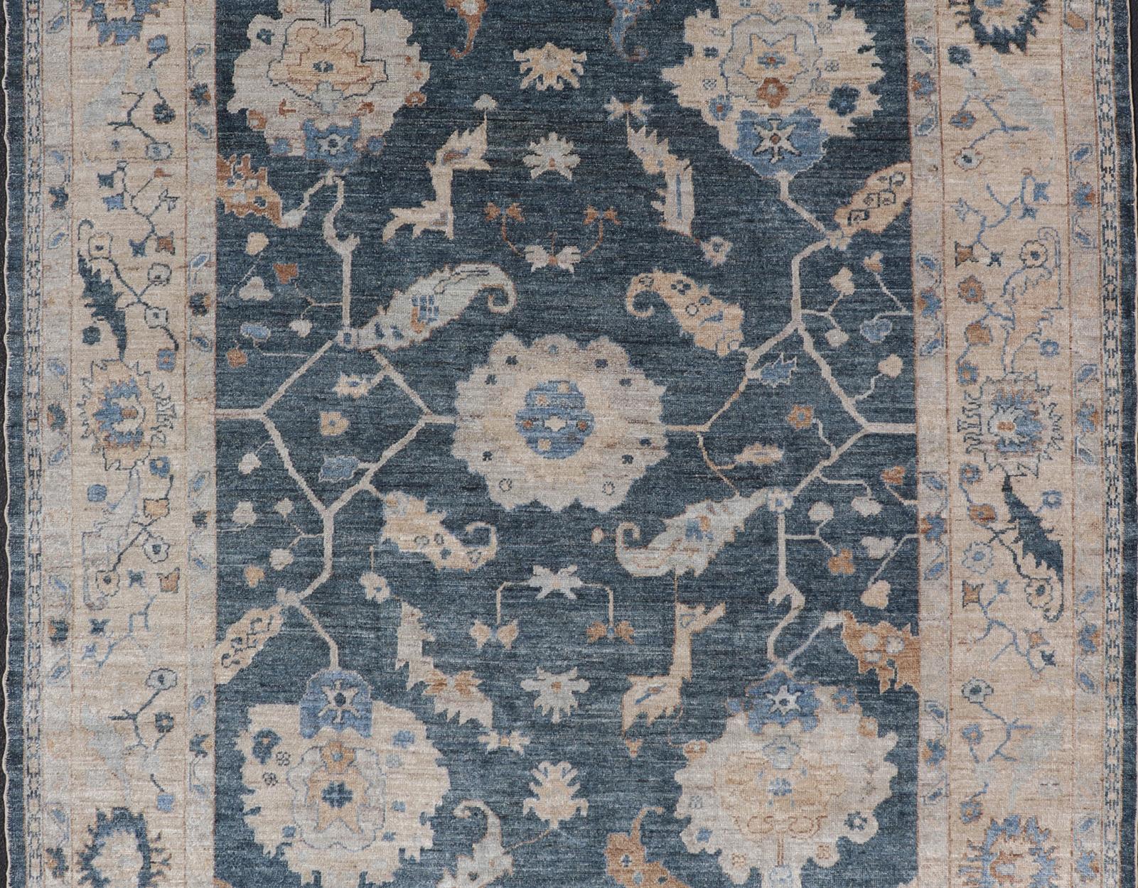 Luxurious Turkish Angora Oushak Rug in Deep Blue and Beige With Floral Design For Sale 6