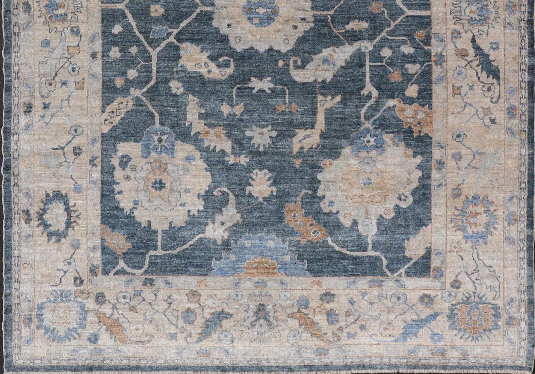 Luxurious Turkish Angora Oushak Rug in Deep Blue and Beige With Floral Design For Sale 7