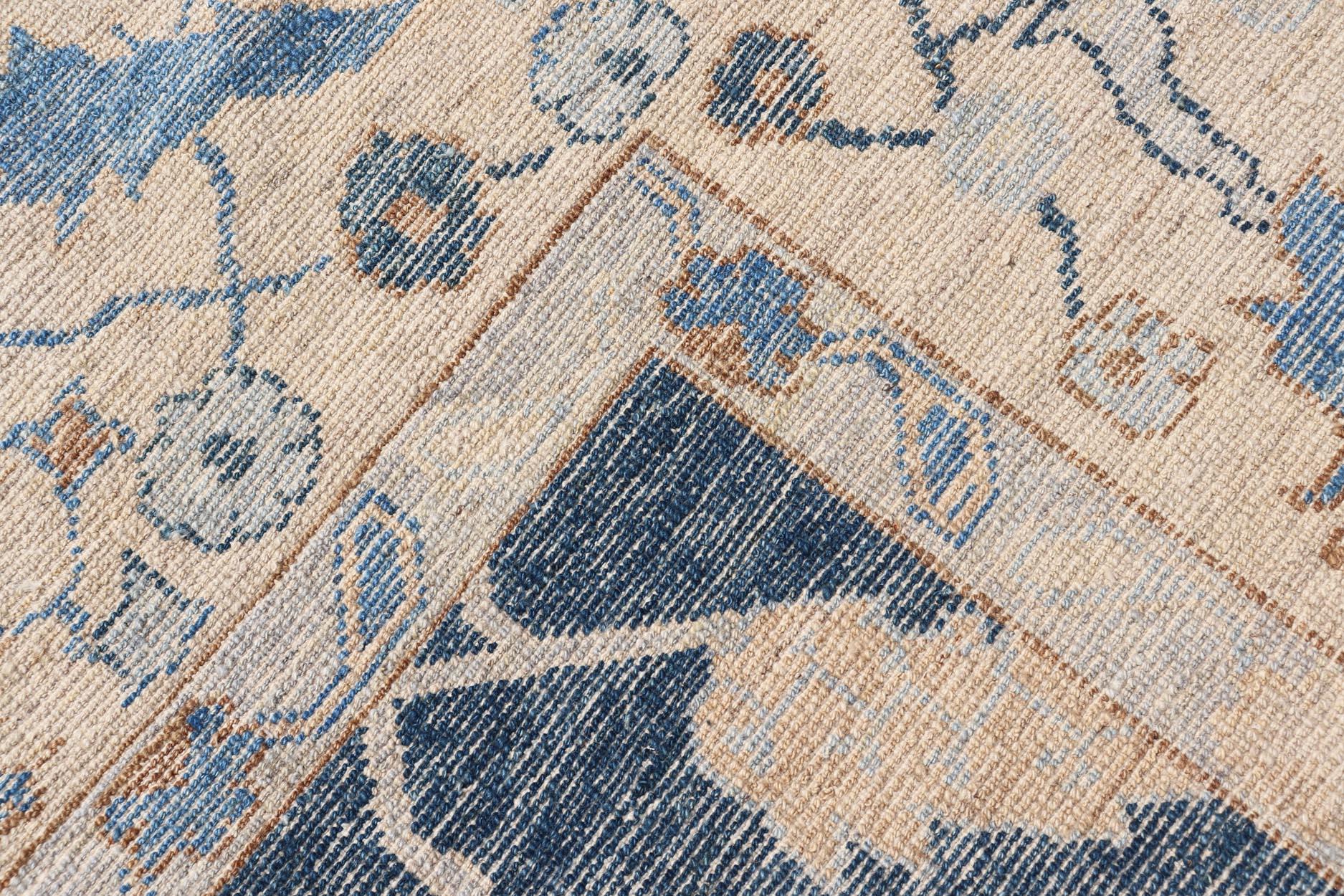 Luxurious Turkish Angora Oushak Rug in Deep Blue and Beige With Floral Design For Sale 8