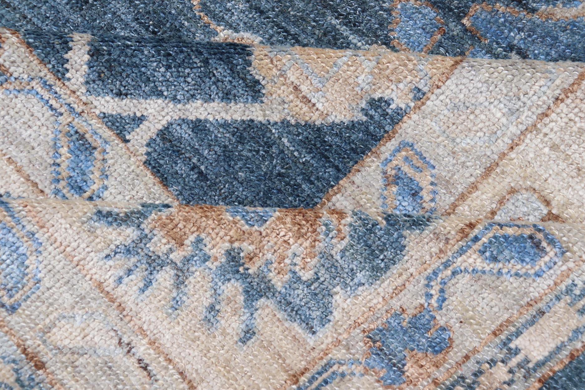 Luxurious Turkish Angora Oushak Rug in Deep Blue and Beige With Floral Design For Sale 9