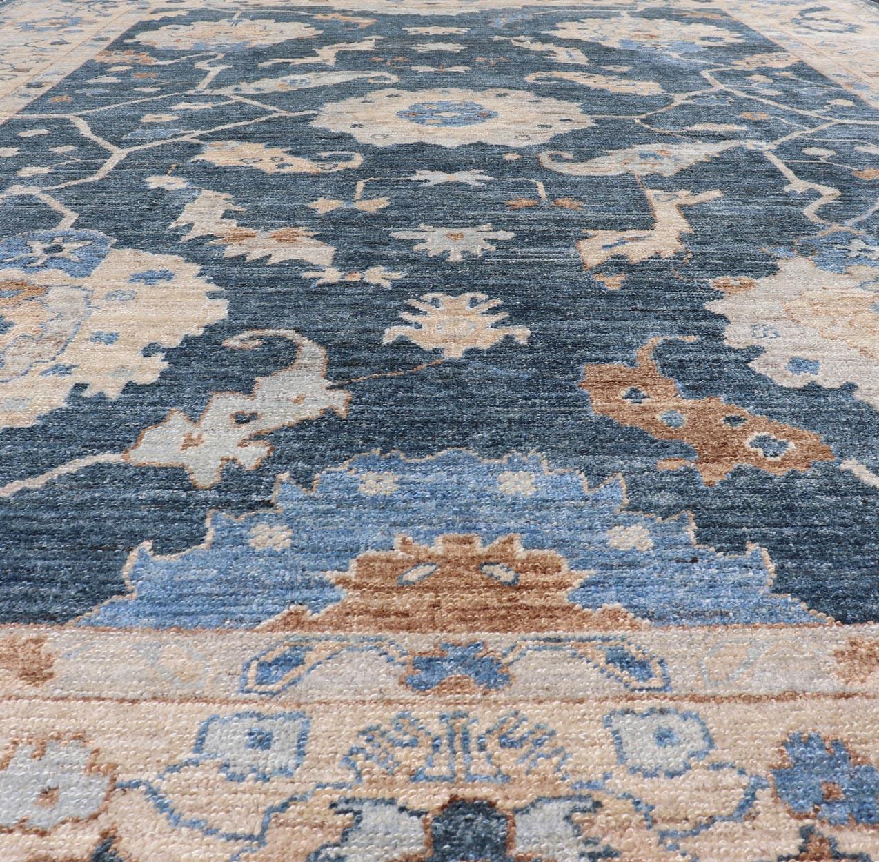 Hand-Knotted Luxurious Turkish Angora Oushak Rug in Deep Blue and Beige With Floral Design For Sale