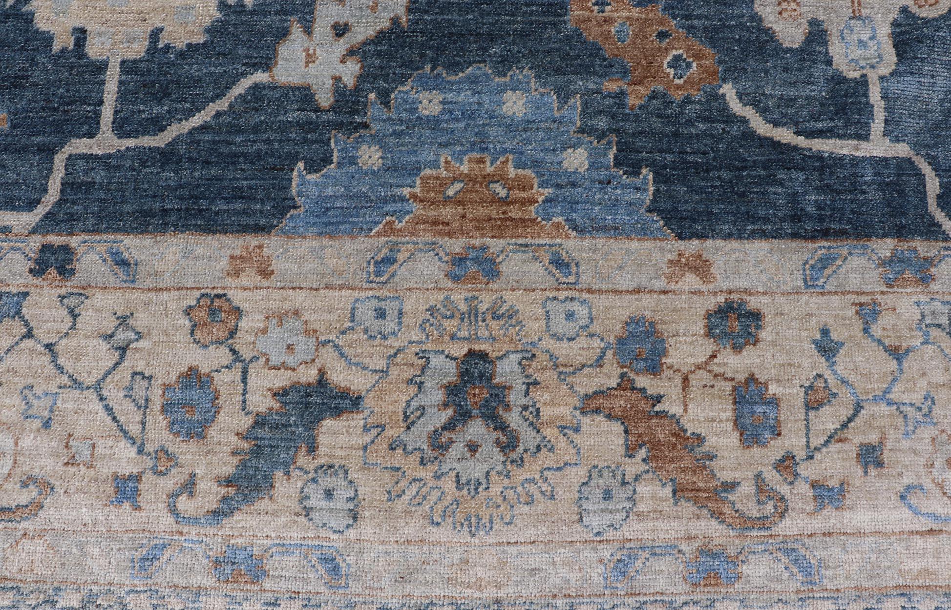 Luxurious Turkish Angora Oushak Rug in Deep Blue and Beige With Floral Design In New Condition For Sale In Atlanta, GA