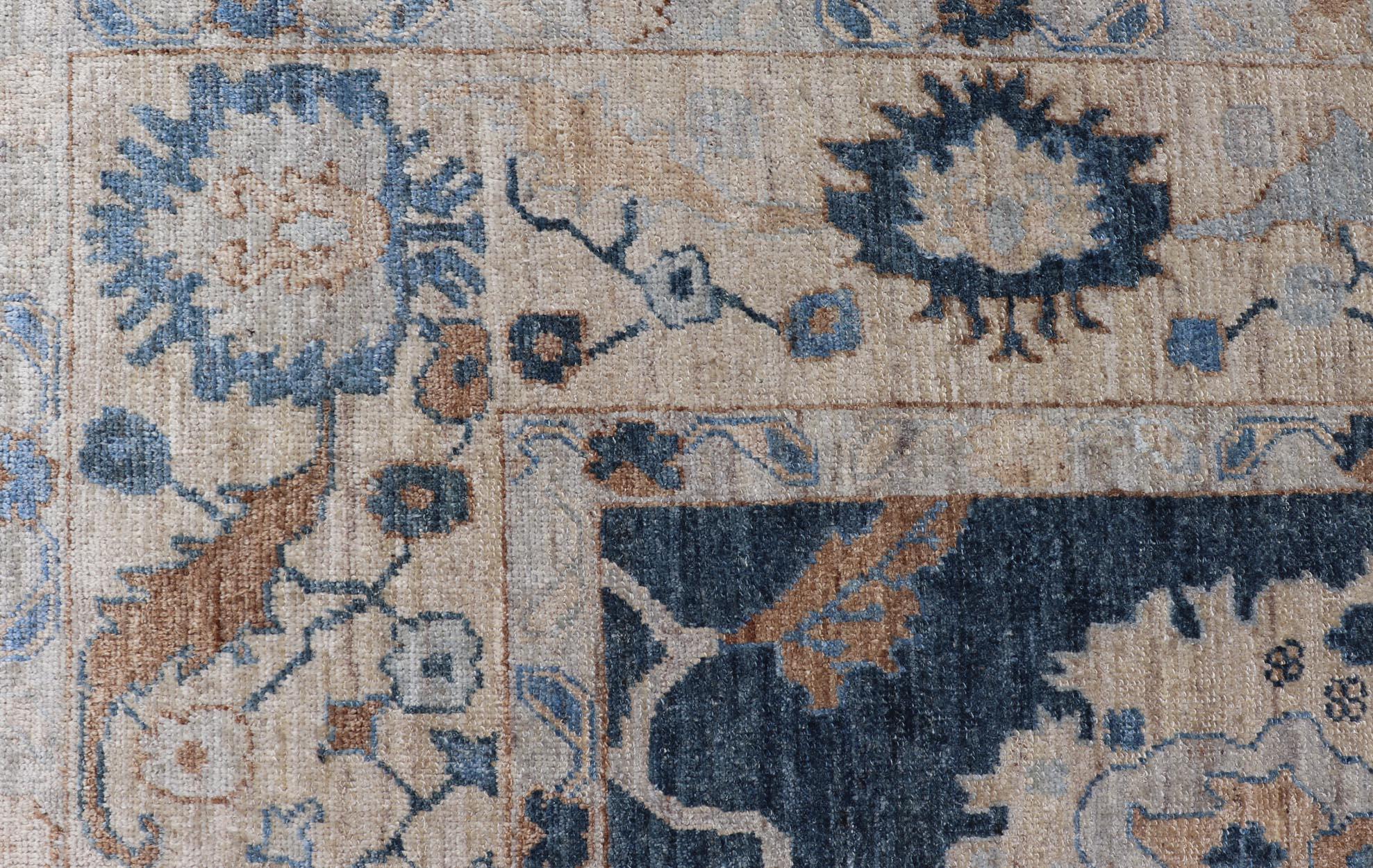 Contemporary Luxurious Turkish Angora Oushak Rug in Deep Blue and Beige With Floral Design For Sale