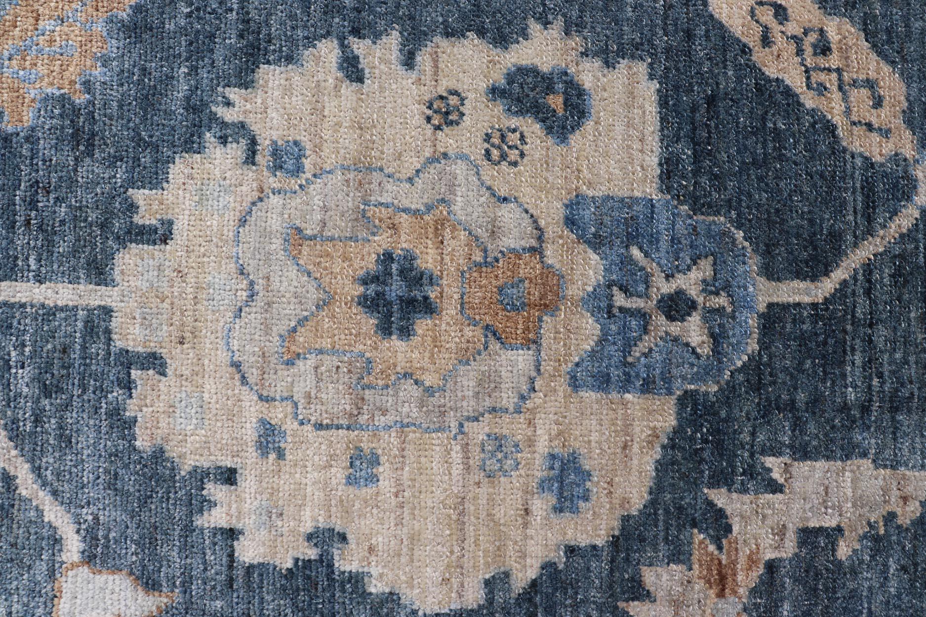 Wool Luxurious Turkish Angora Oushak Rug in Deep Blue and Beige With Floral Design For Sale
