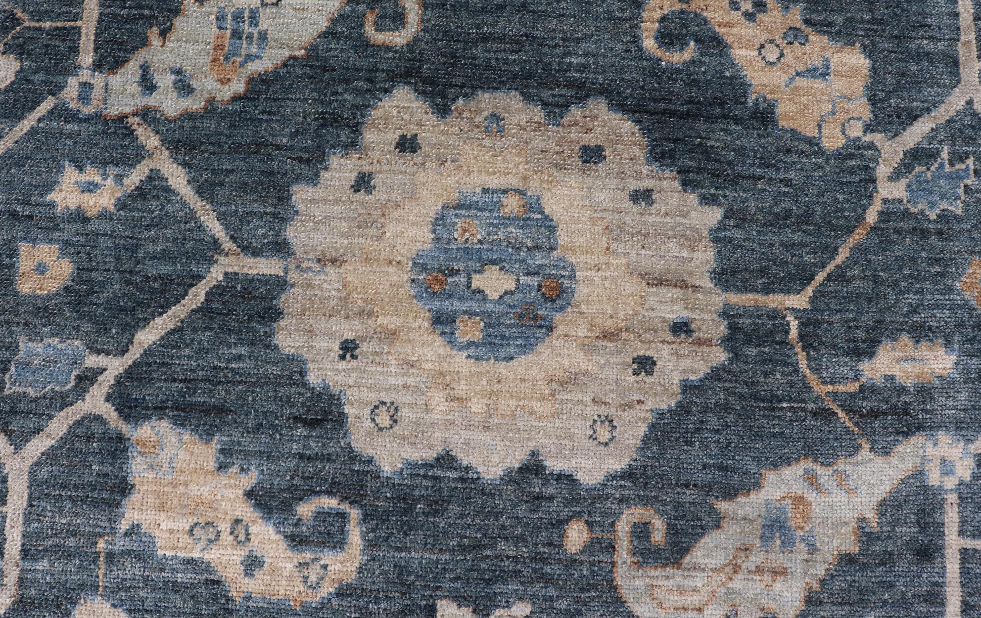 Luxurious Turkish Angora Oushak Rug in Deep Blue and Beige With Floral Design For Sale 1