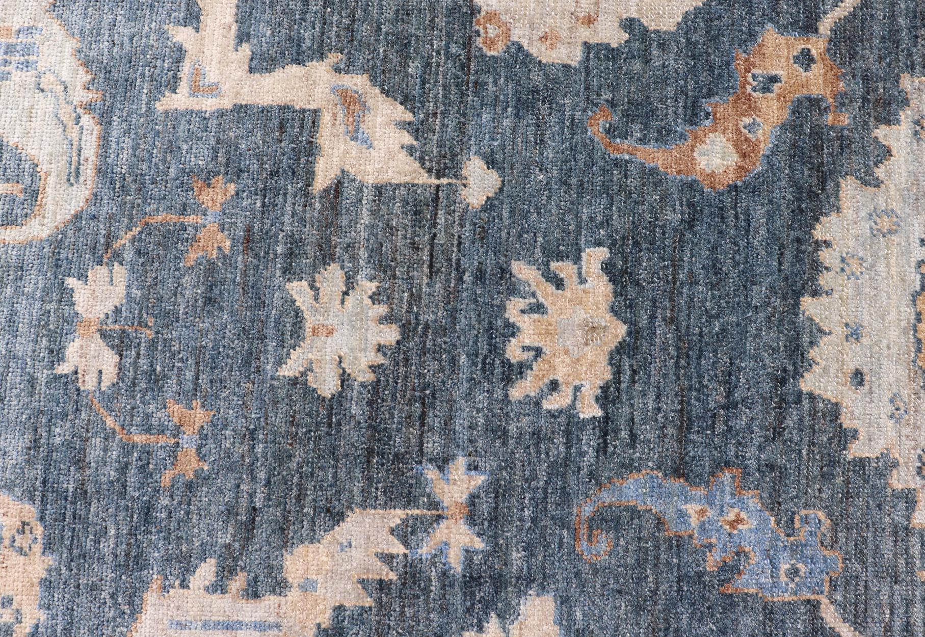 Luxurious Turkish Angora Oushak Rug in Deep Blue and Beige With Floral Design For Sale 2